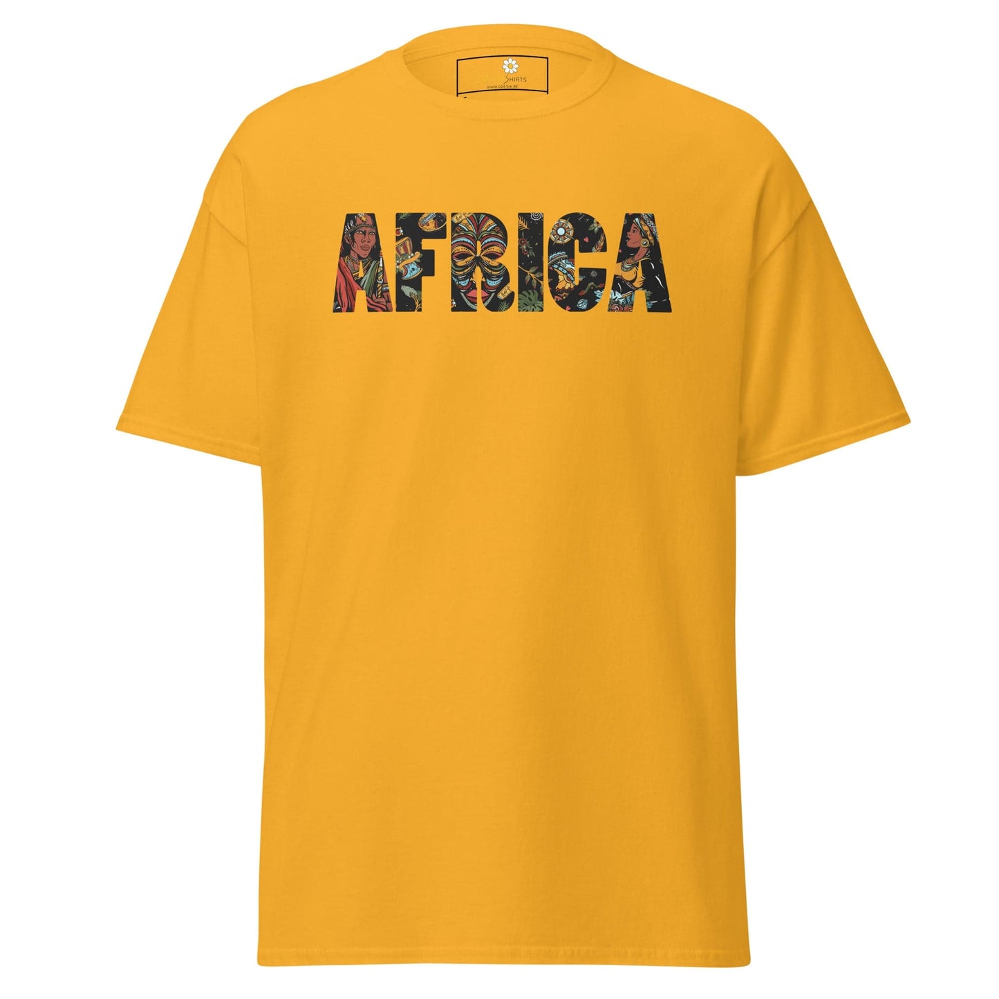 Yellow T-shirt with AFRICA graphic displayed in T-SHIRT DESIGN TEE for men and women