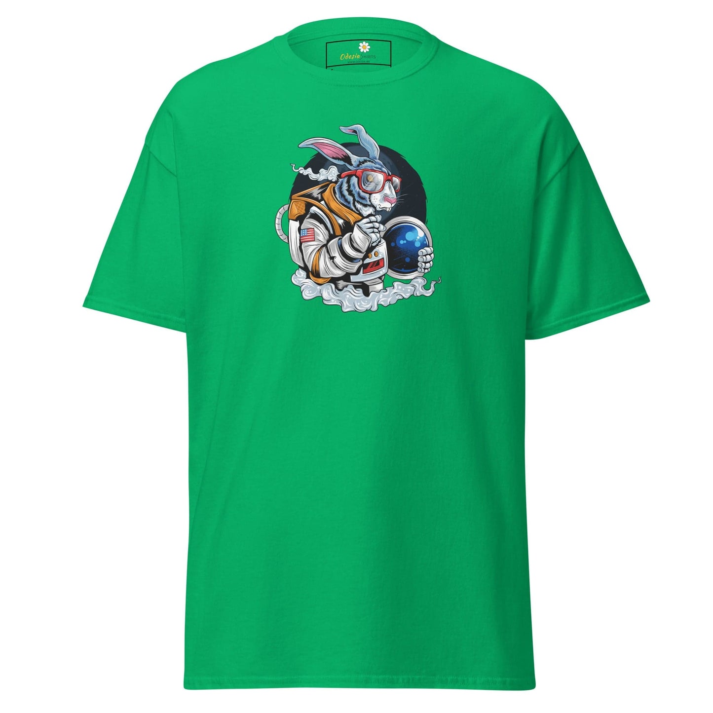 Green T-shirt with astronaut rabbit graphic for men and women in size S to XL