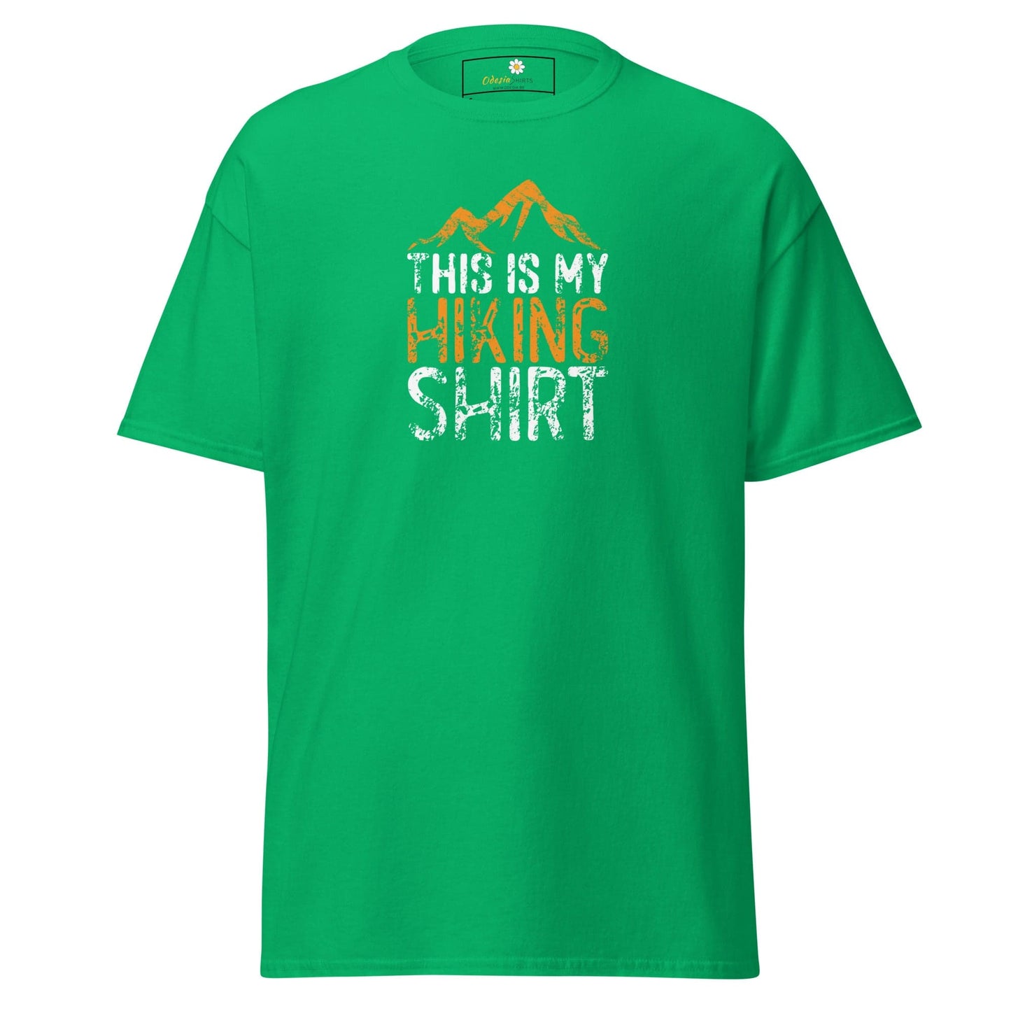 Green T-shirt featuring a hiking graphic, suitable for men and women from size S to XL