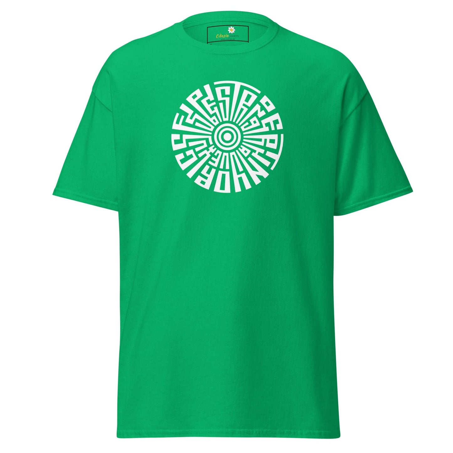 Green T-shirt with circular white design for Men and Women in sizes S to XL
