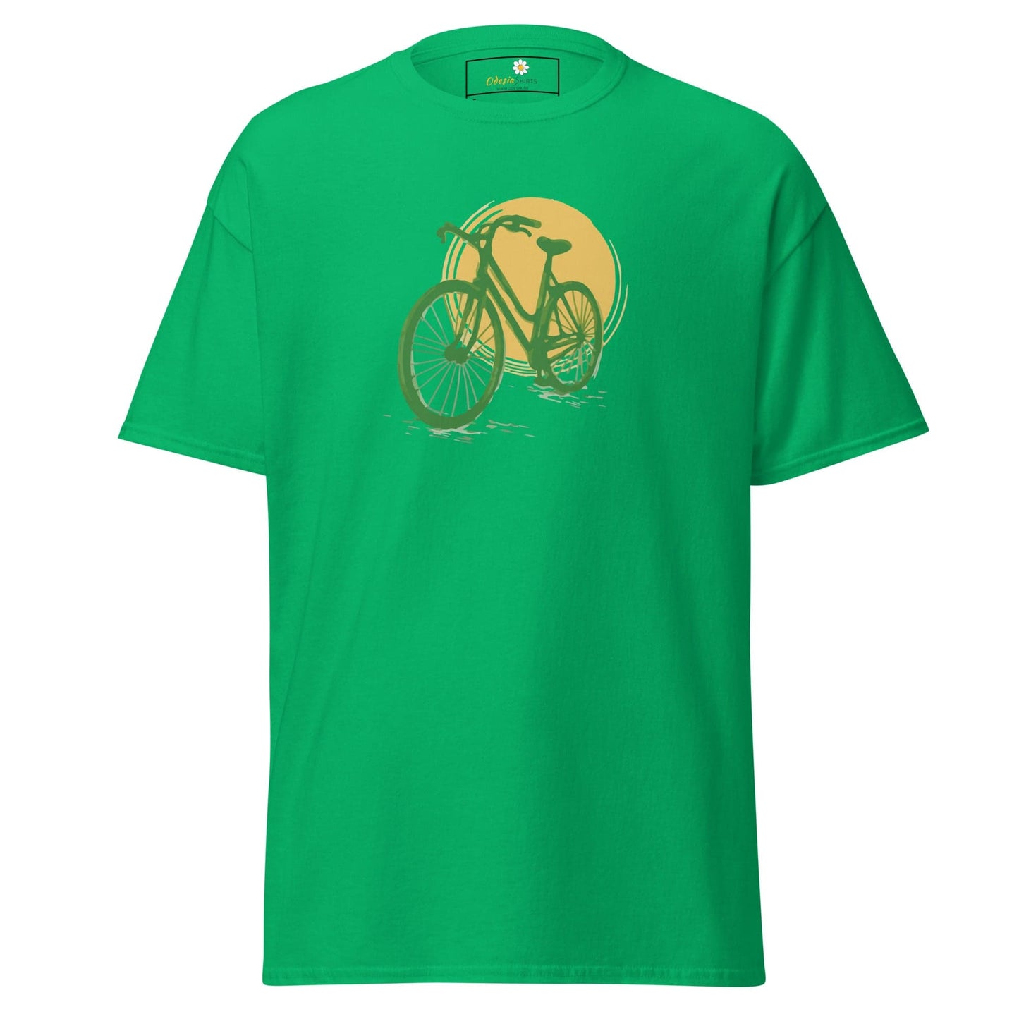 Green T-shirt with bicycle graphic, ideal for men and women, available in S to XL sizes