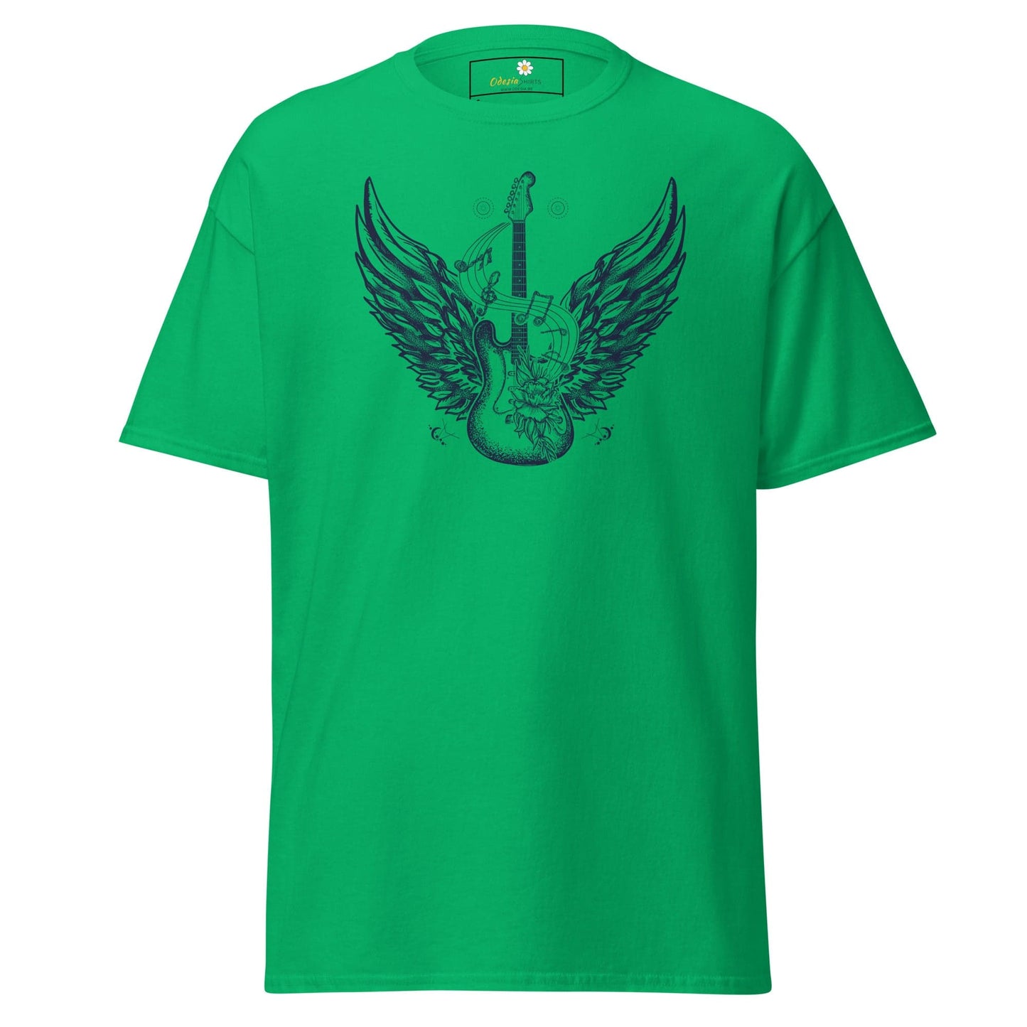 Green T-shirt with guitar and wings graphic for men and women, sizes S to XL