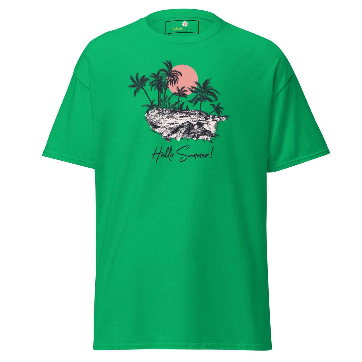 Green T-shirt with tropical island graphic for men and women available in sizes S to XL