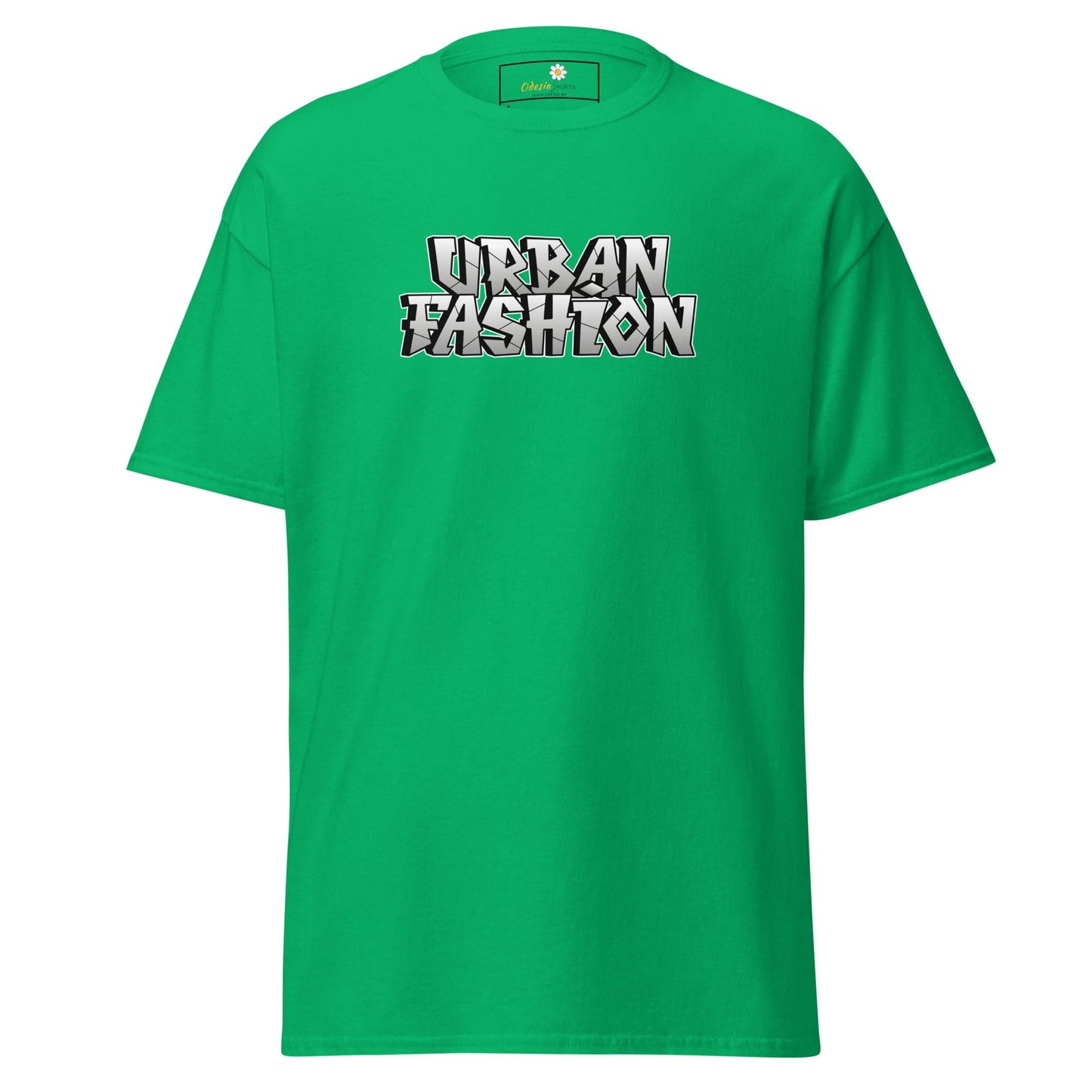 Green T-shirt with Urban Fashion text, suitable for Men and Women, available in sizes S to XL
