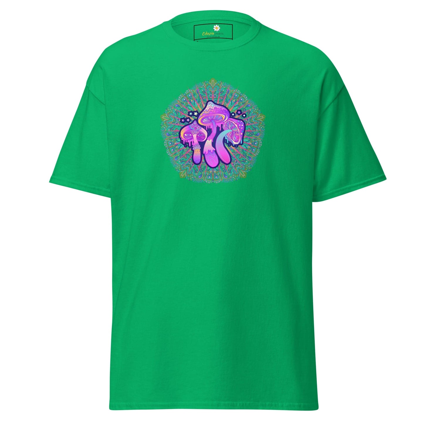 Green T-shirt with mushroom design for men and women available in sizes S to XL