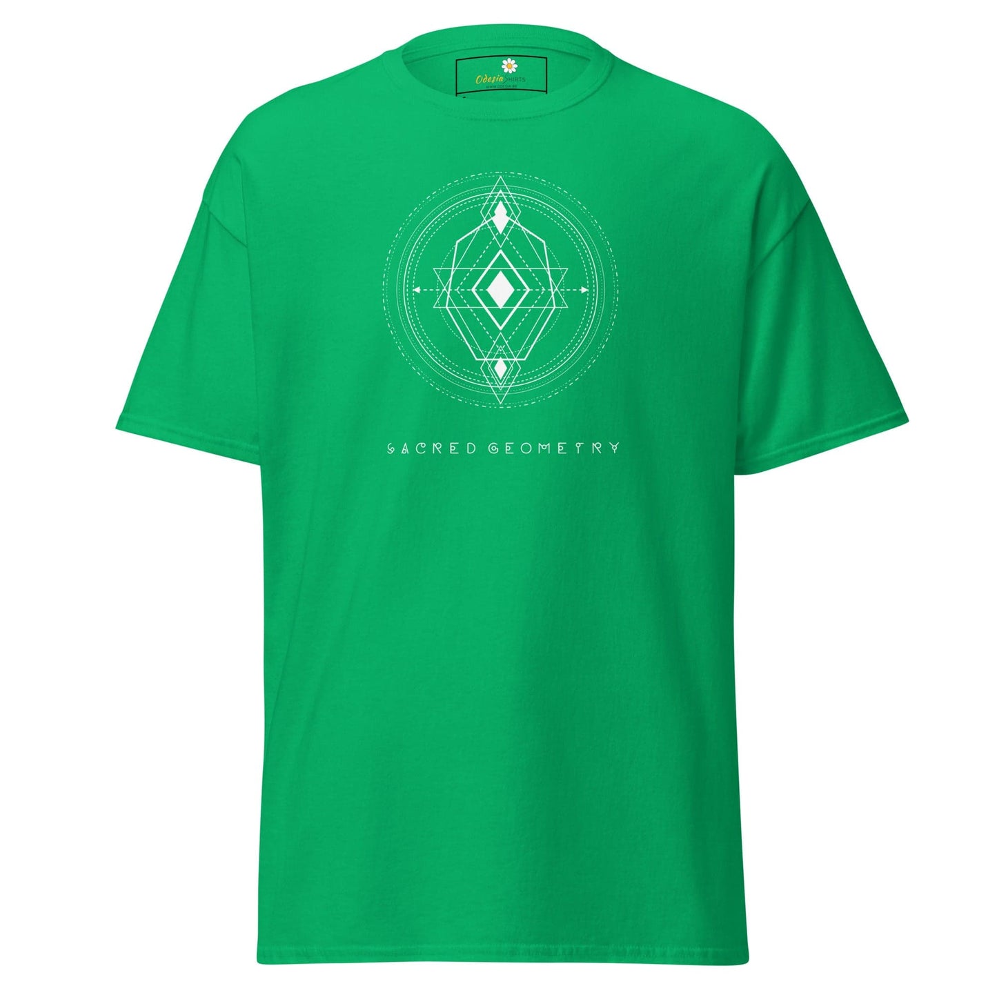 Green T-shirt with white geometric design for Men and Women, available in S to XL size