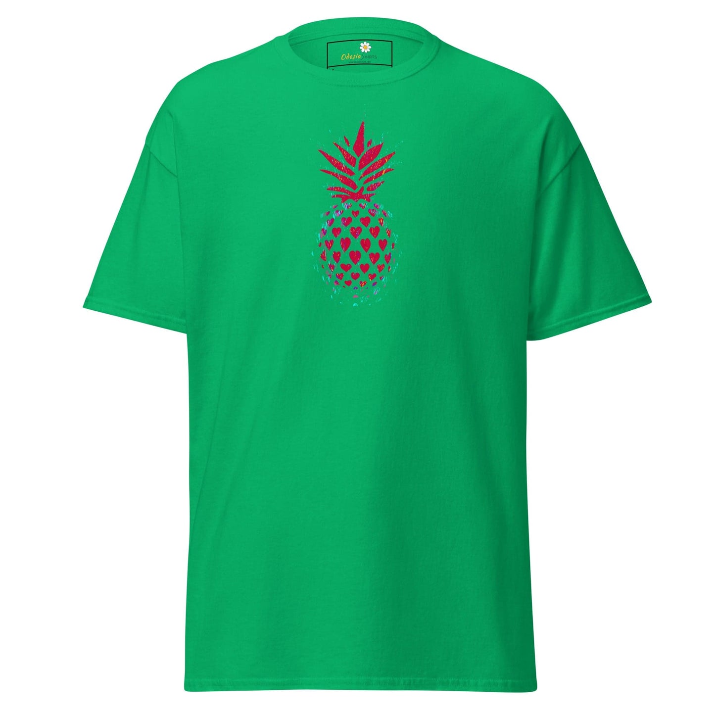 Green T-shirt with pineapple design for men and women, available in S to XL sizes