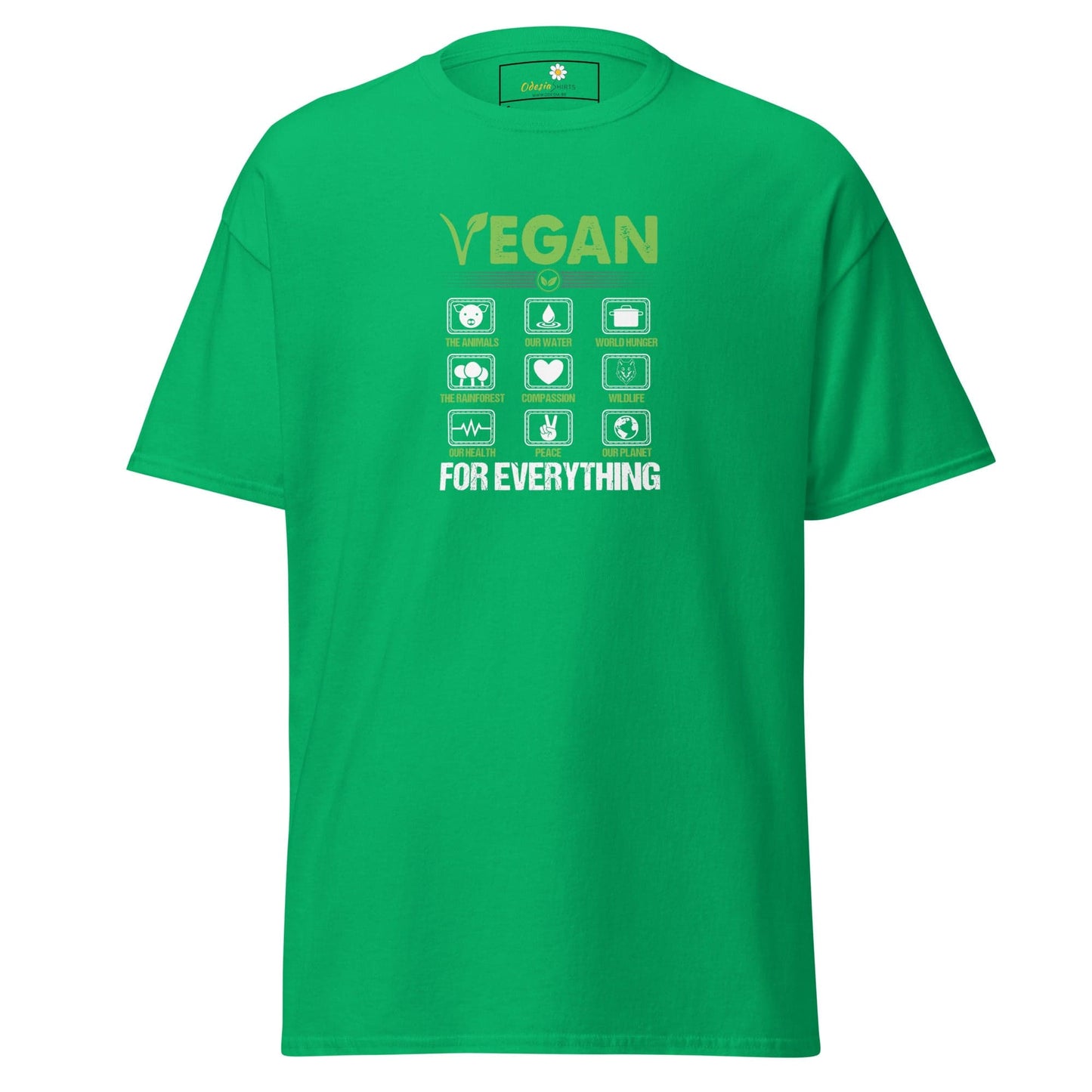Green vegan-themed T-shirt displayed in the T-SHIRT DESIGN TEE for men and women size S to XL