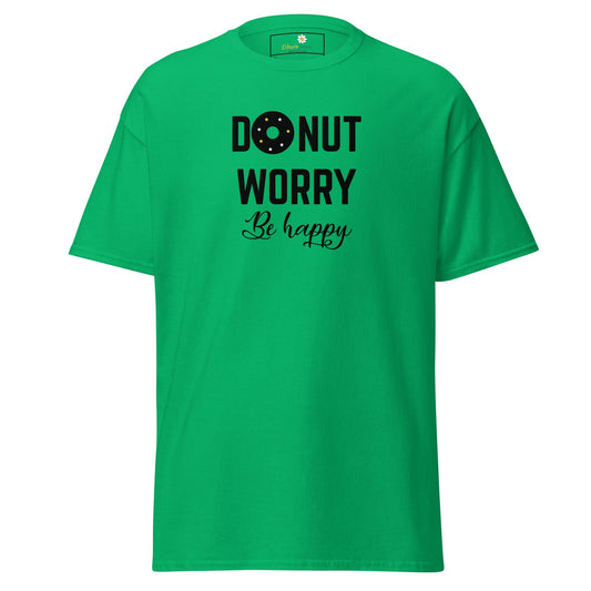 Green T-shirt with Donut Worry Be Happy graphic for men and women in sizes S to XL