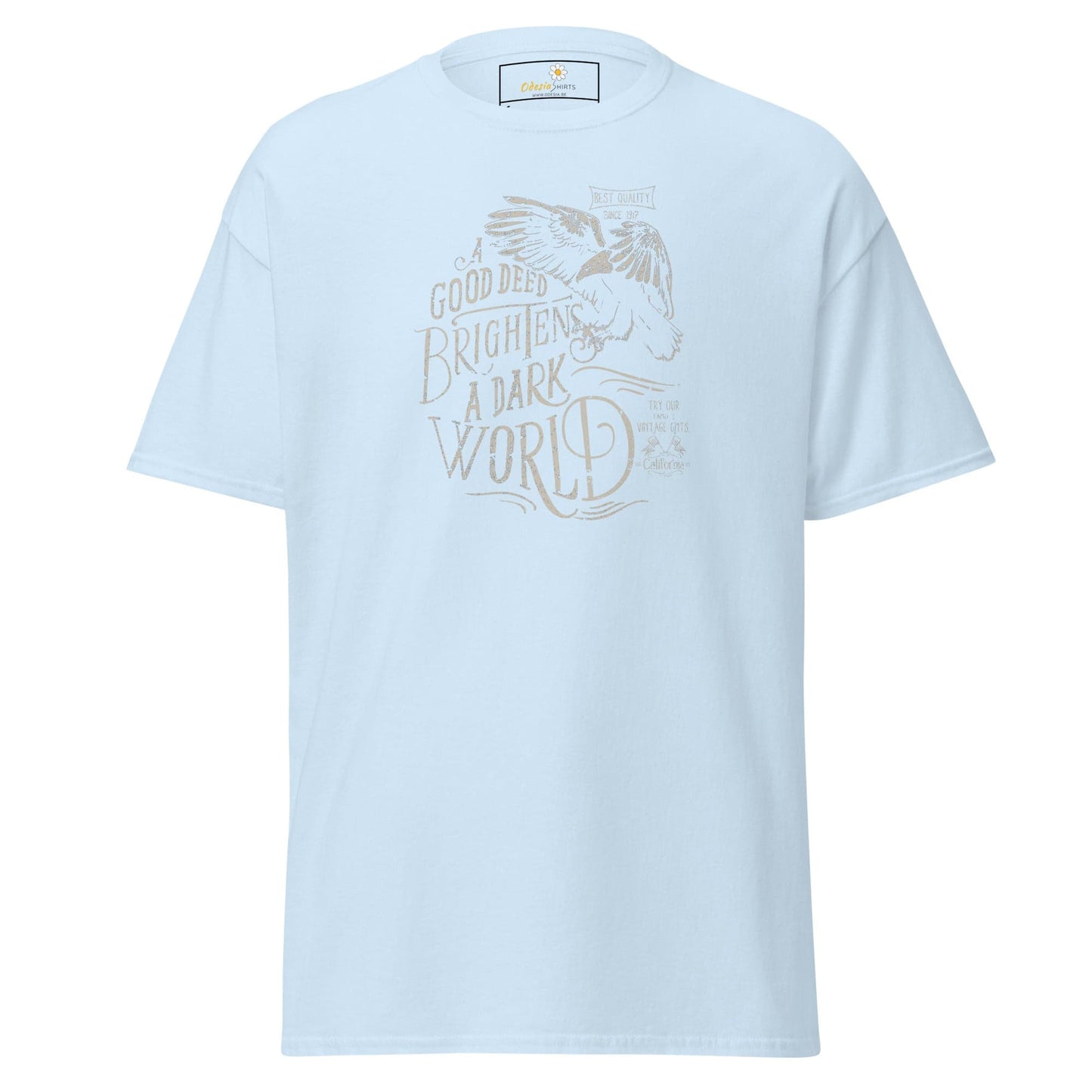 Light blue t-shirt with graphic design for men and women available in sizes S to XL
