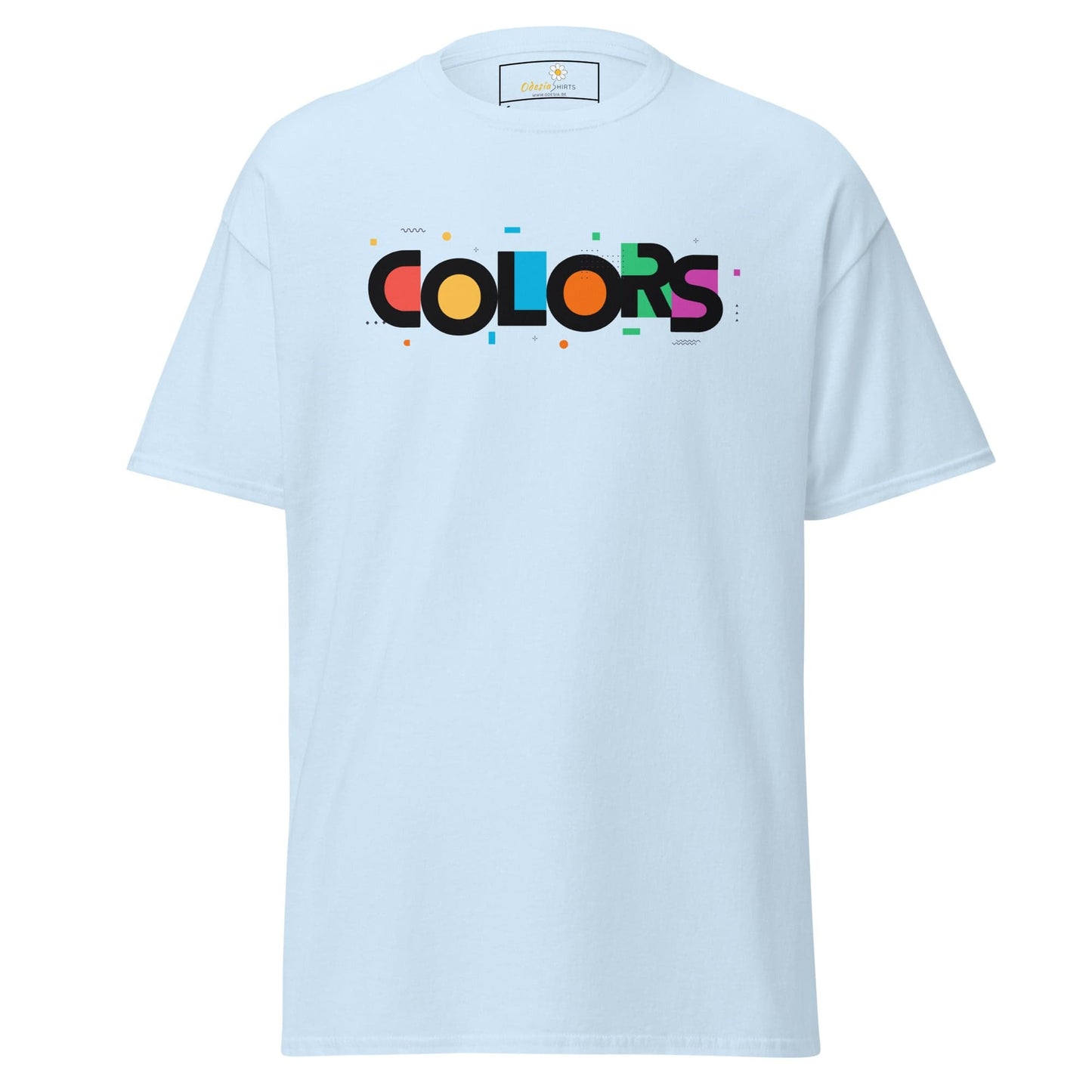 Light blue T-shirt featuring COLORS graphic from T-SHIRT DESIGN TEE for men and women