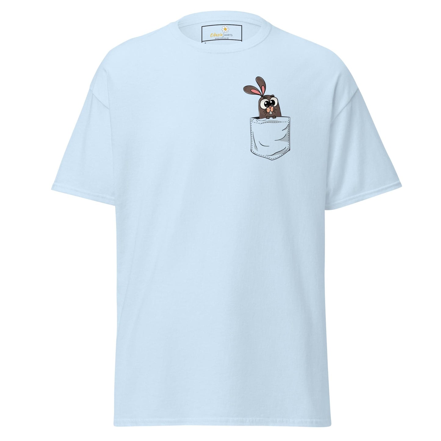 Light blue T-shirt featuring a cartoon bunny in the pocket, suitable for men and women