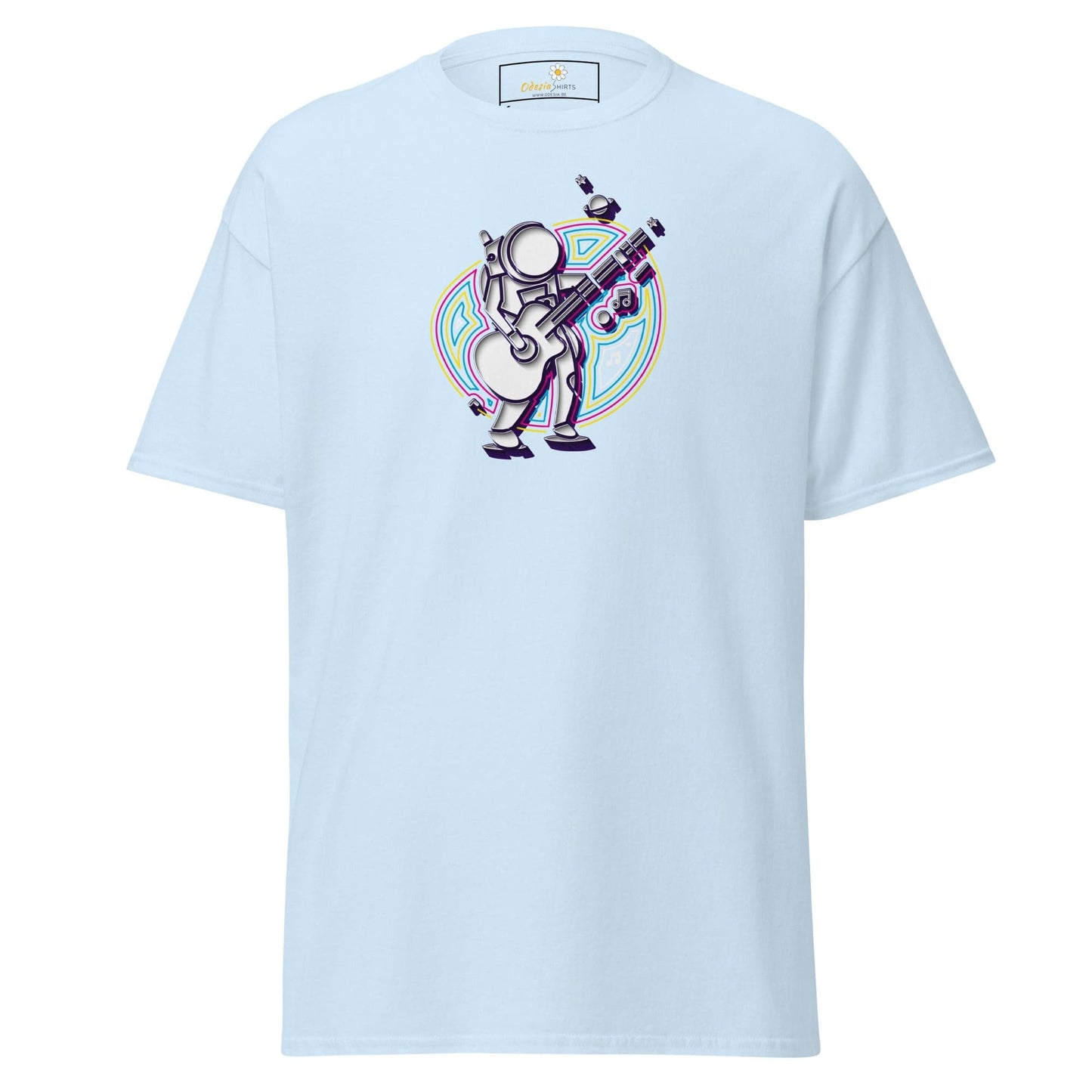 Light blue T-shirt with astronaut graphic, suitable for men and women, available in S to XL