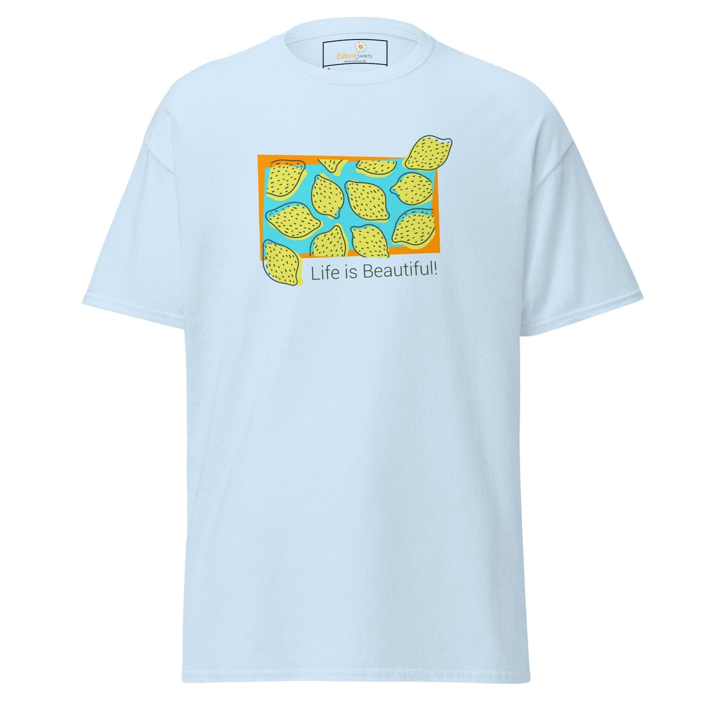 Light blue T-shirt for men and women with a lemon graphic design