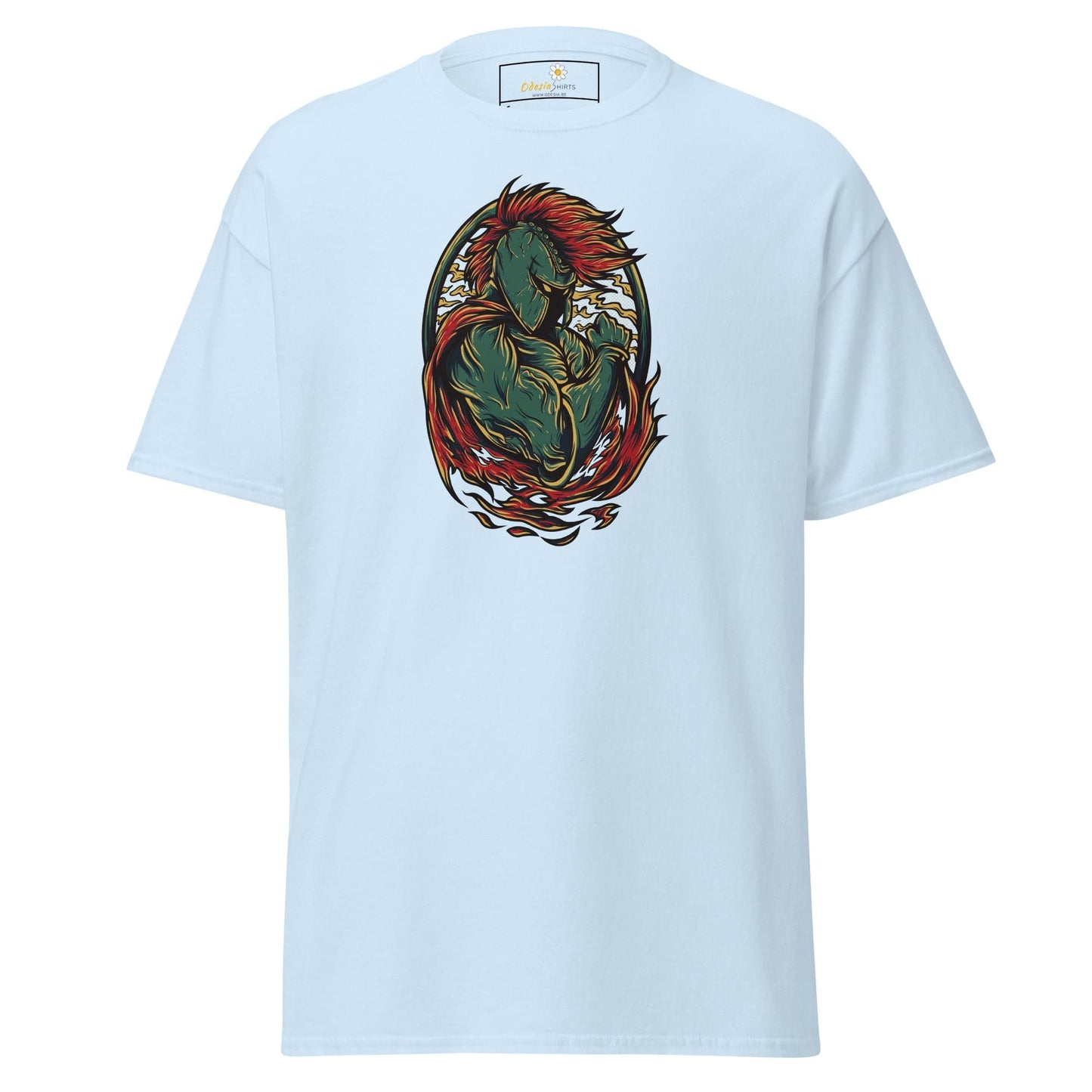 Light blue T-shirt featuring a warrior graphic for men and women in sizes S to XL