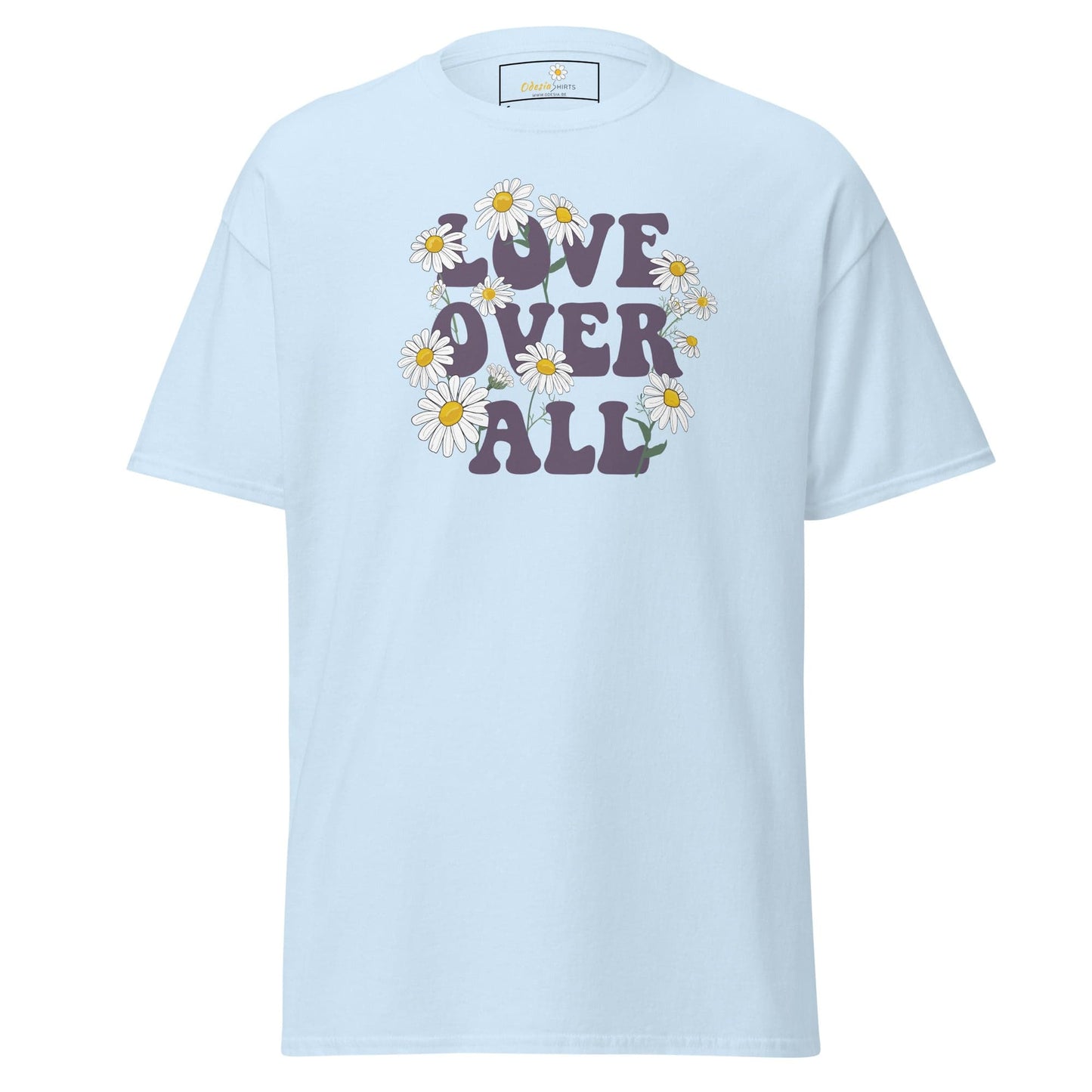 Light blue T-shirt with floral Love Over All graphic for men and women sizes S to XL