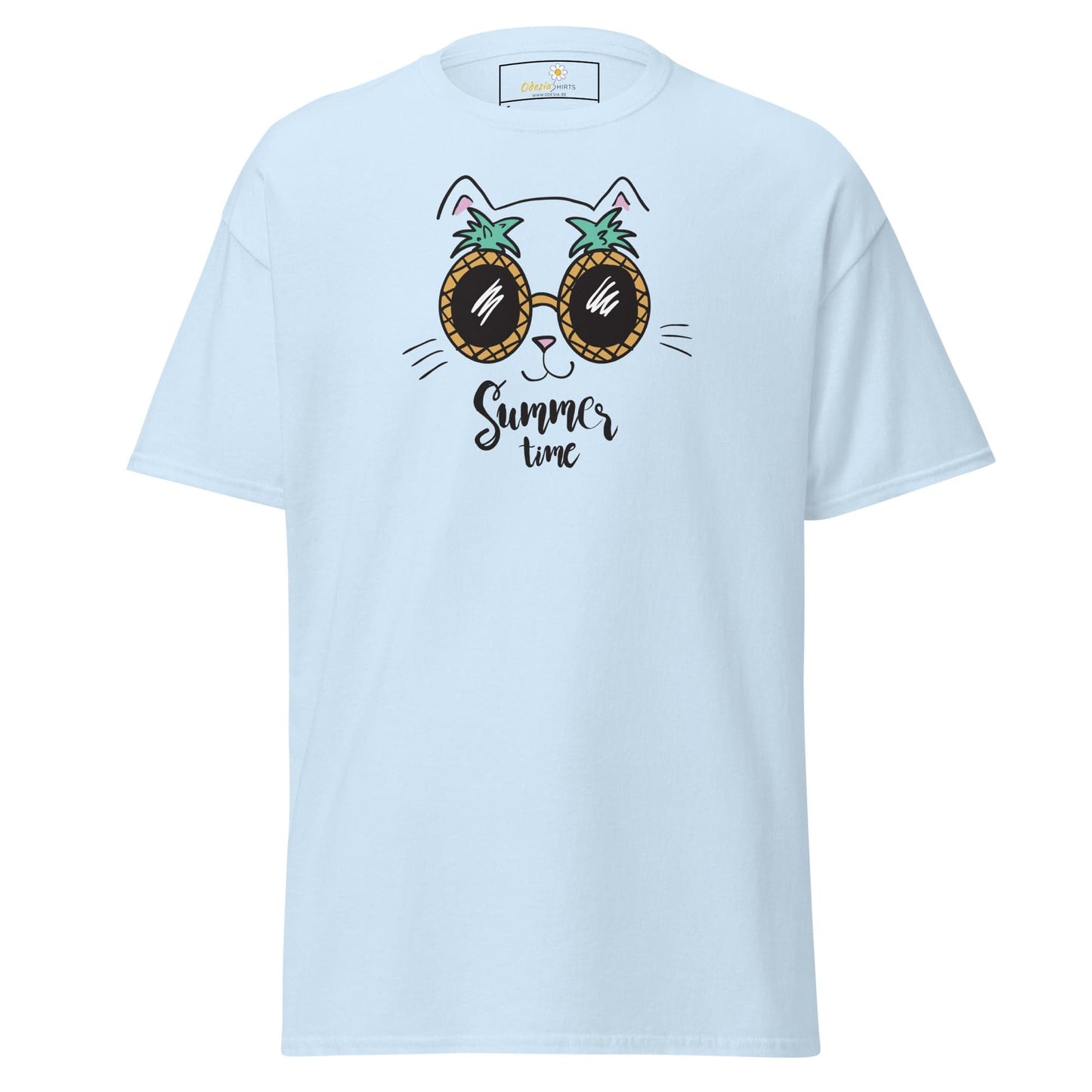 Light blue T-shirt featuring a cat with pineapple sunglasses design for men and women