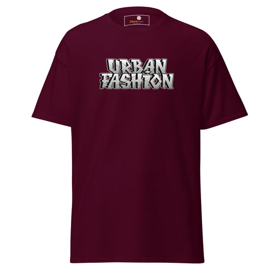 Maroon T-shirt displaying Urban Fashion text, available in S to XL for men and women