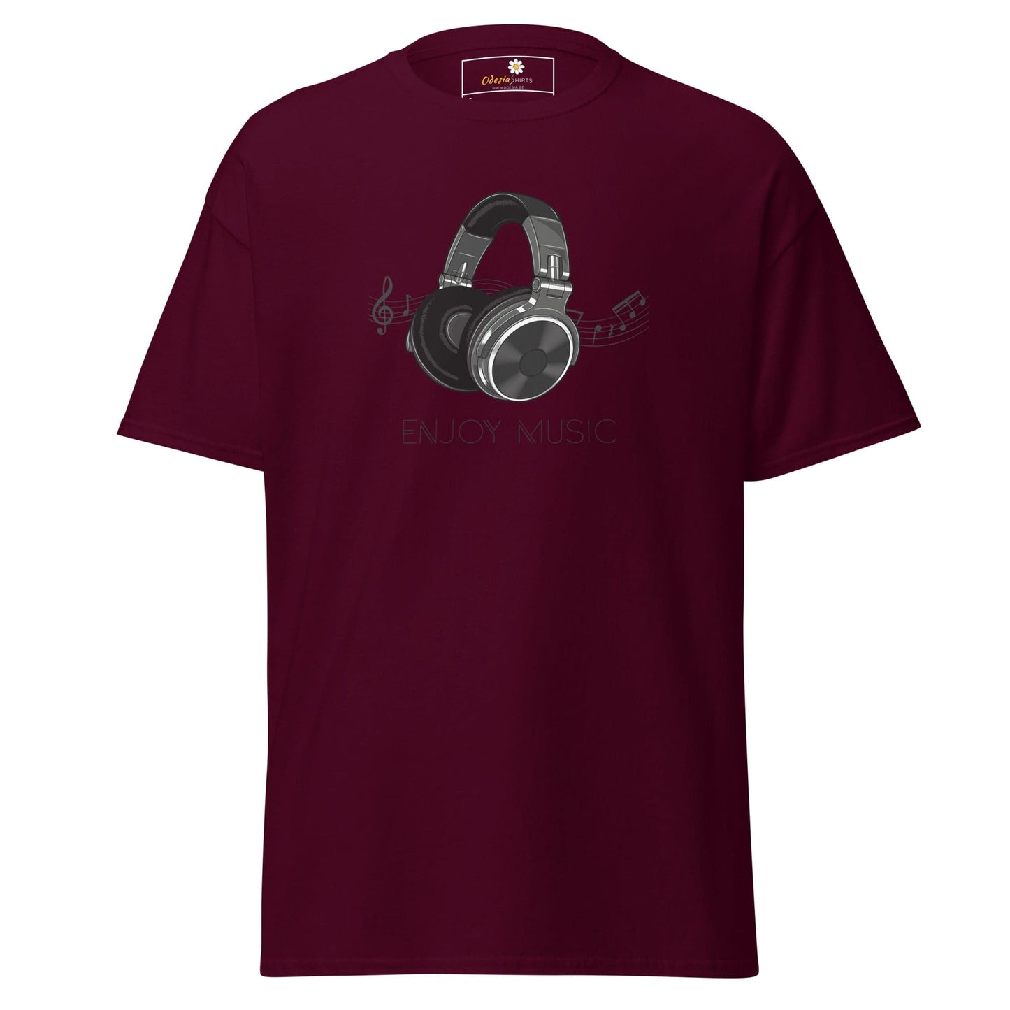 Maroon T-shirt with headphone graphic for Men and Women available in sizes S to XL