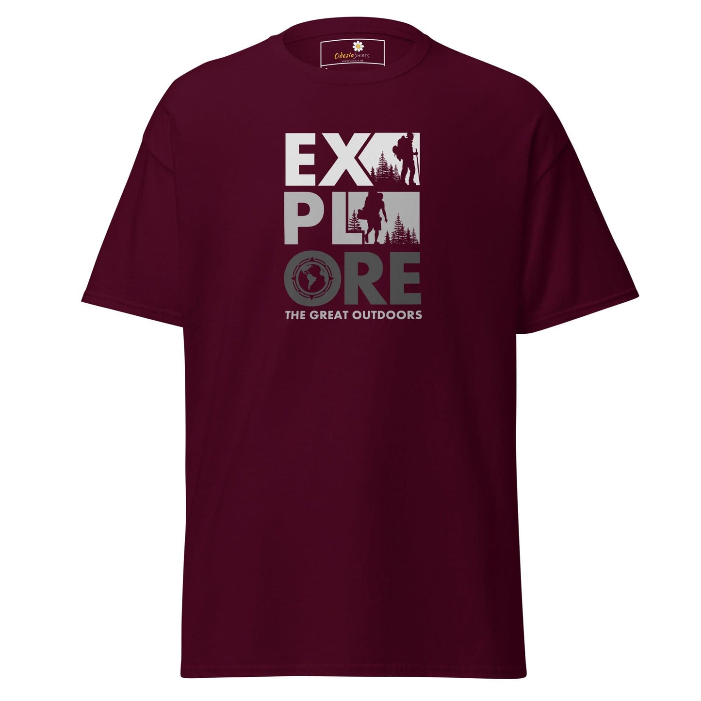 Maroon T-Shirt with Explore the Great Outdoors graphic for Men and Women in S to XL sizes