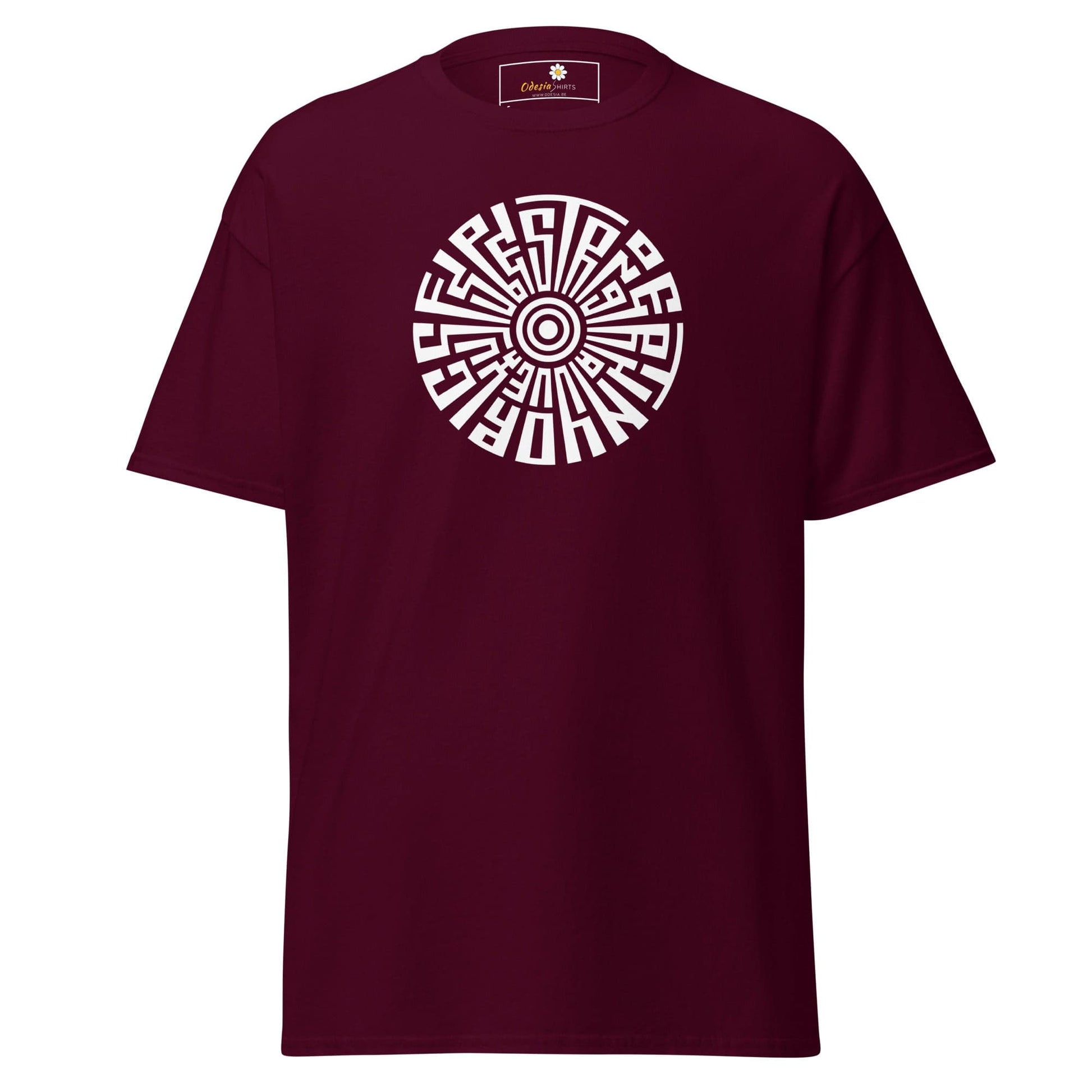Maroon T-shirt with circular white design for Men and Women in sizes S to XL