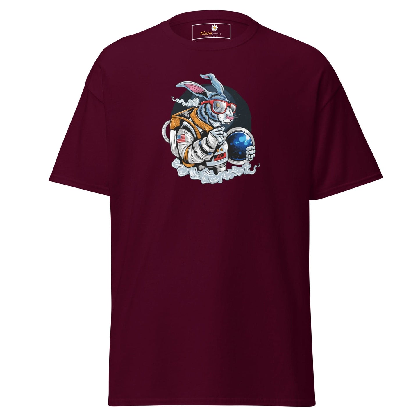 Maroon T-shirt featuring an astronaut rabbit graphic for men and women in sizes S to XL