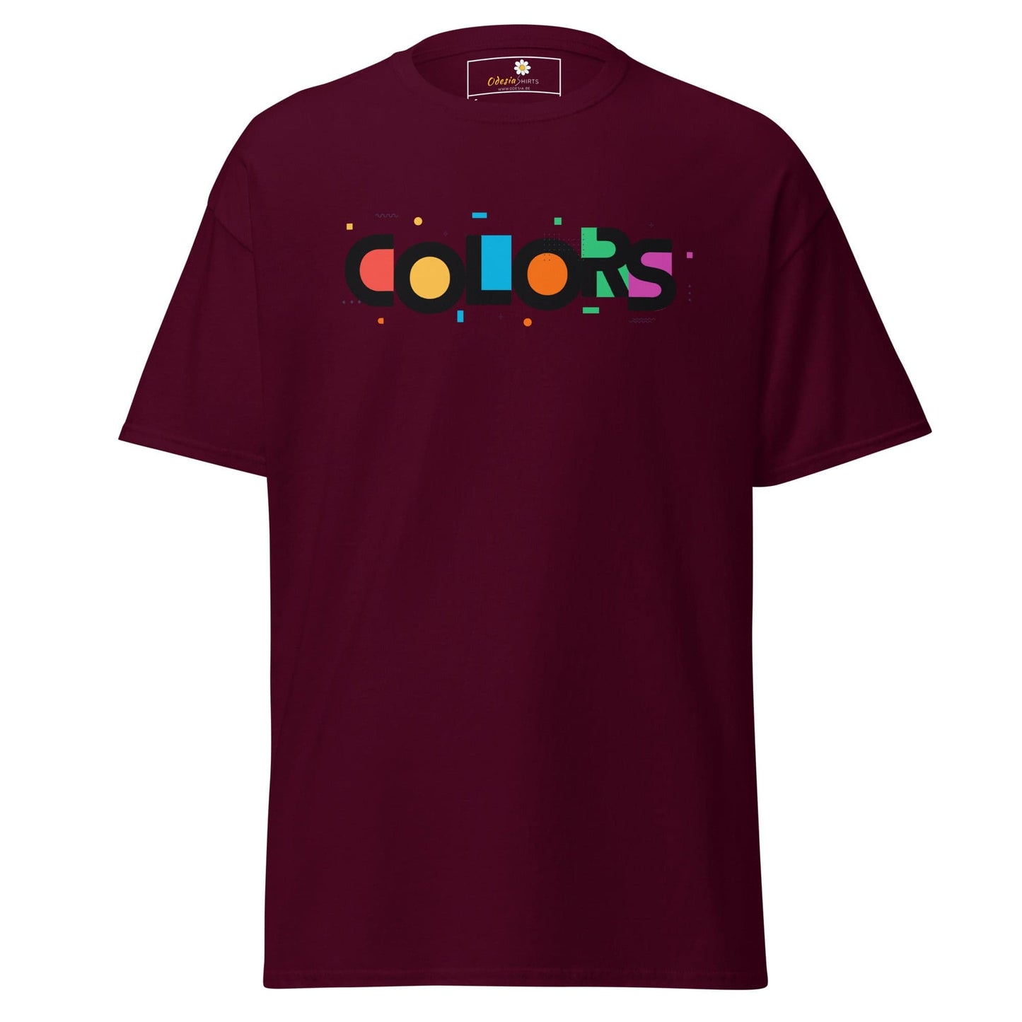 Maroon T-shirt with colorful COLORS text for Men and Women sizes S to XL