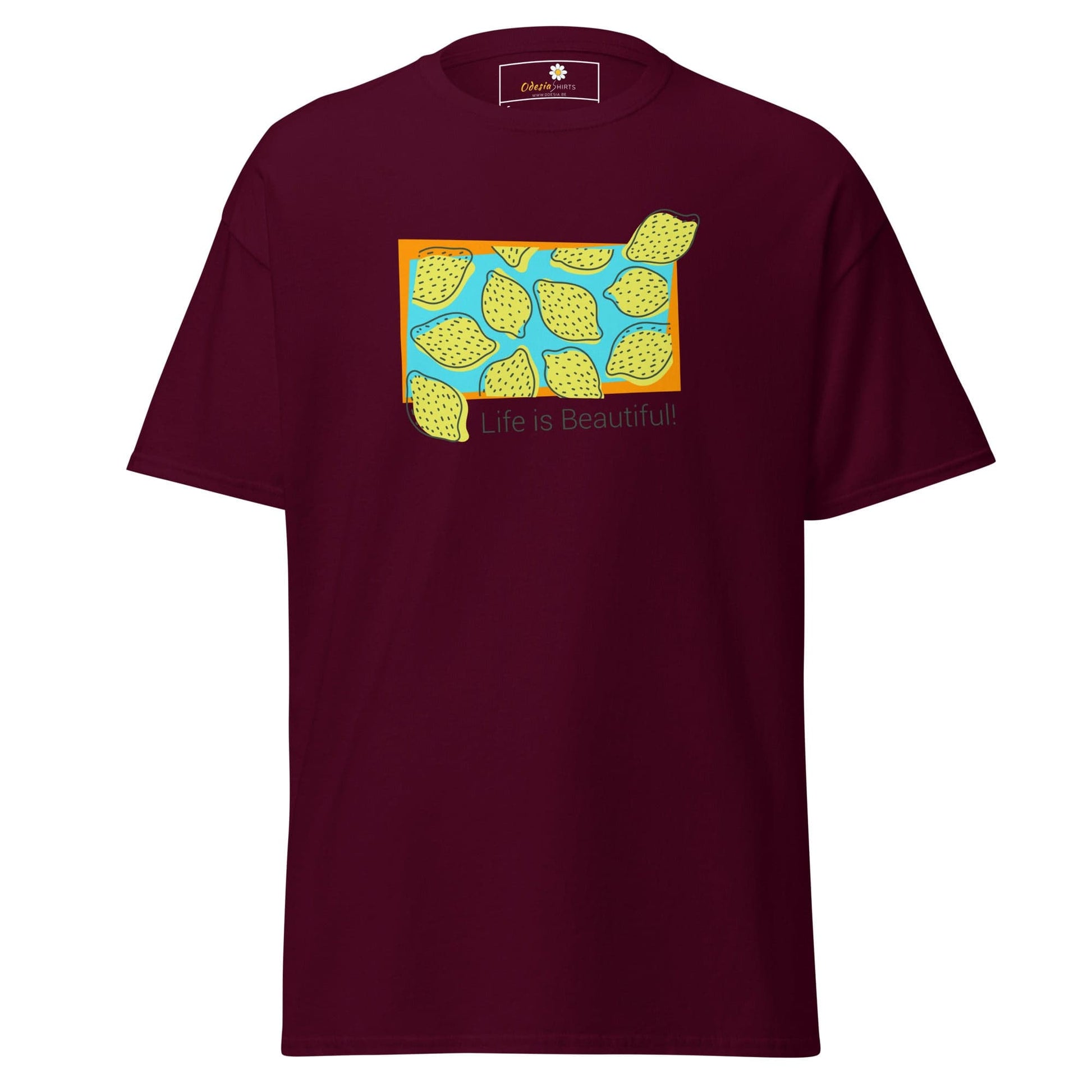 Maroon T-shirt with lemon graphic, suitable for men and women, available in sizes S to XL