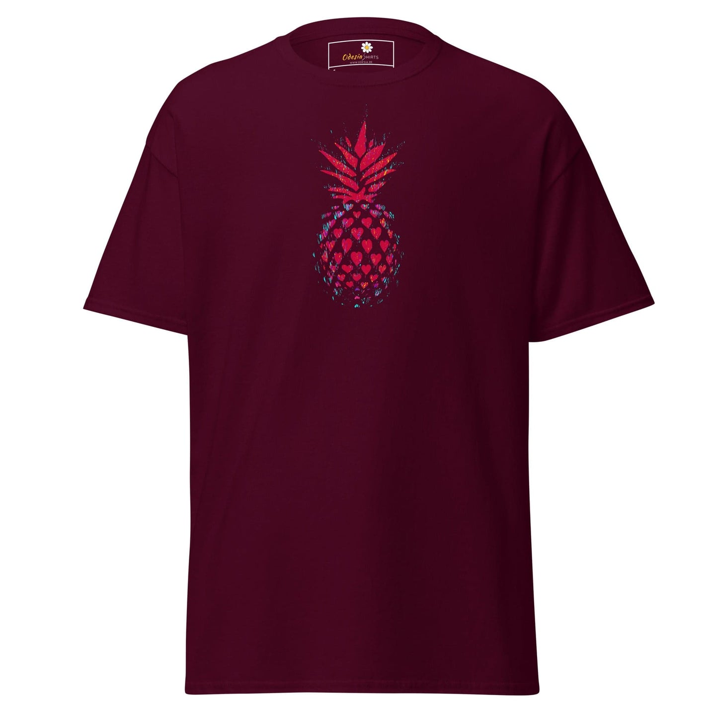 Maroon T-shirt with pineapple design available in S to XL for men and women