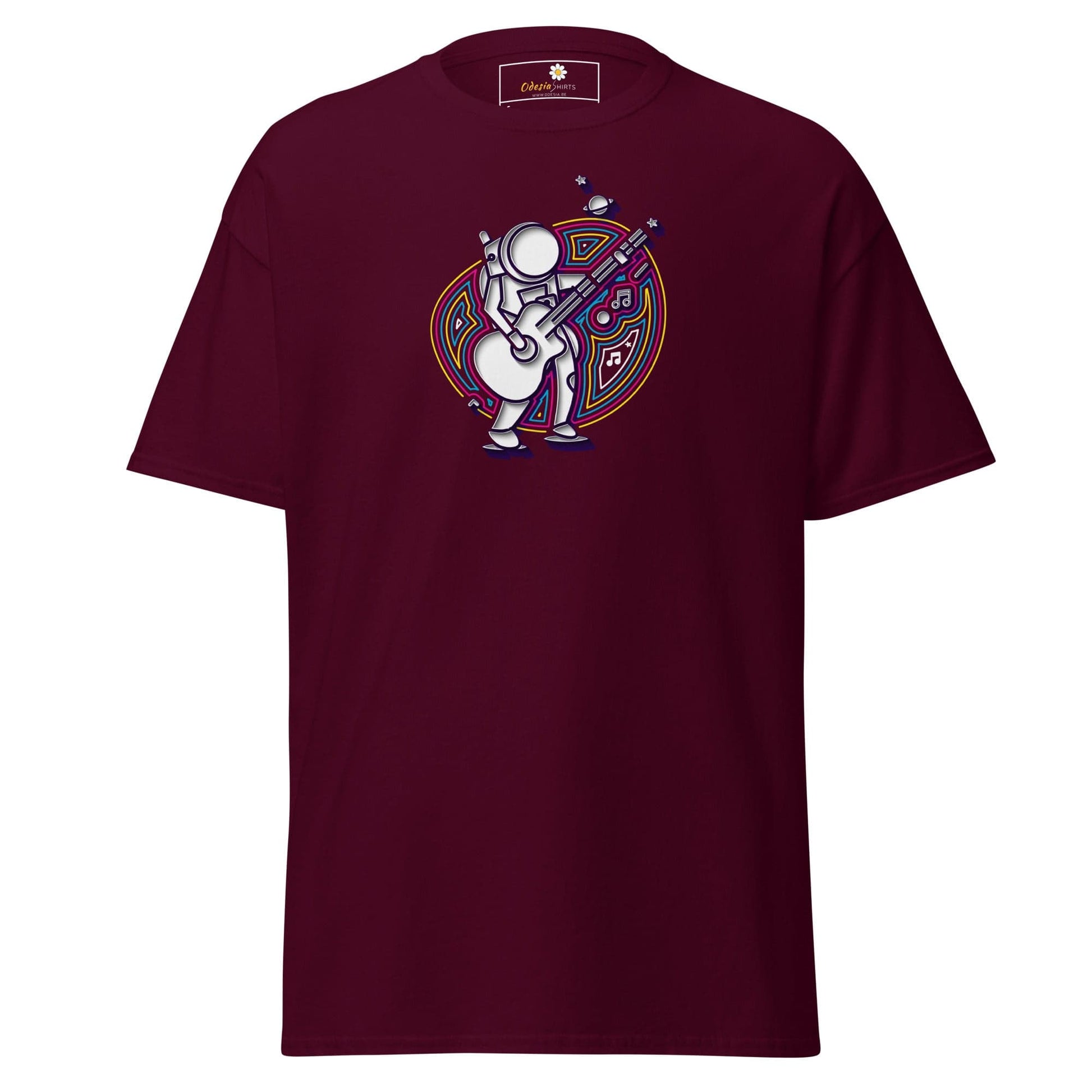 Maroon T-shirt with astronaut graphic for Men and Women sizing S to XL