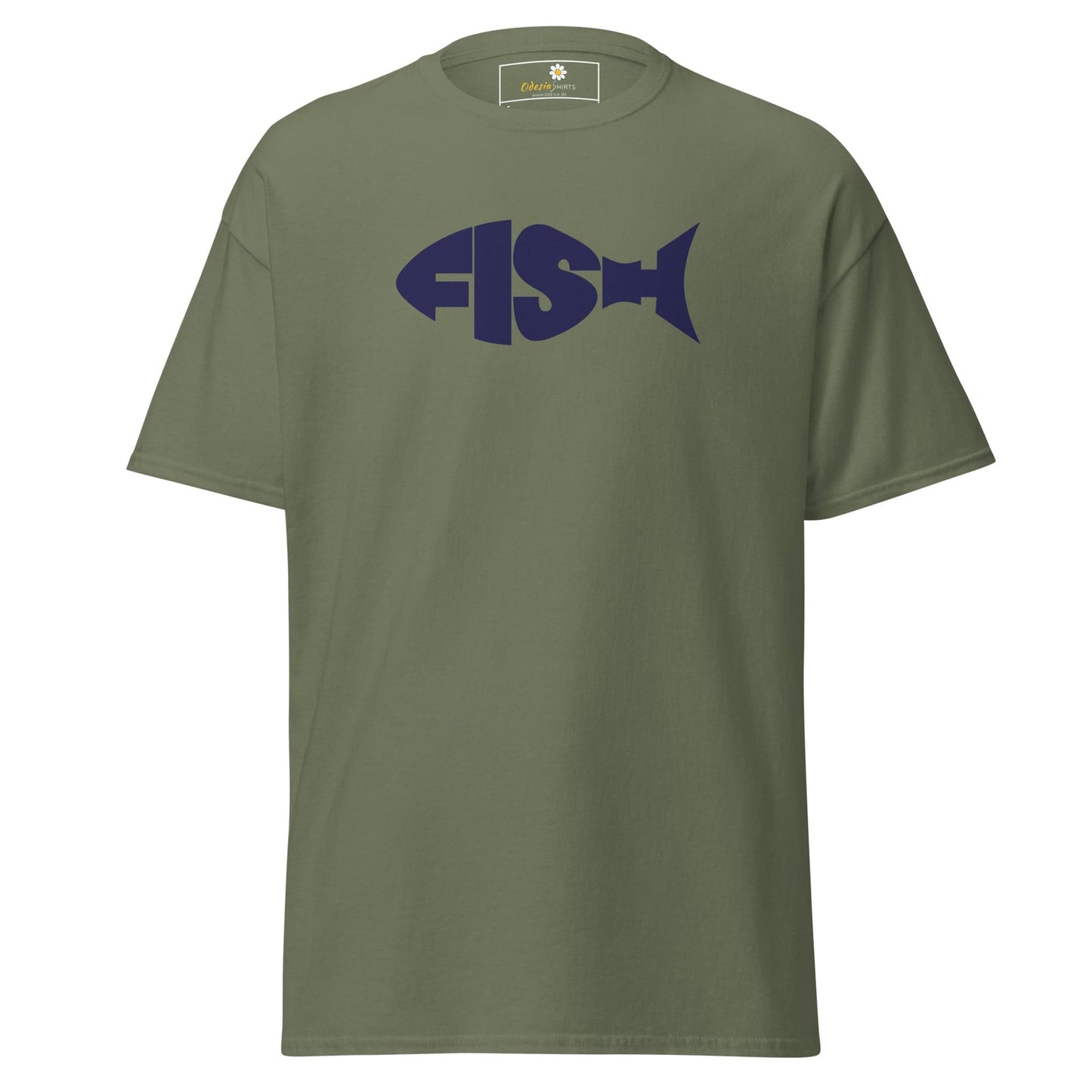 Olive green t-shirt with FISH text forming a fish shape for men and women S to XL
