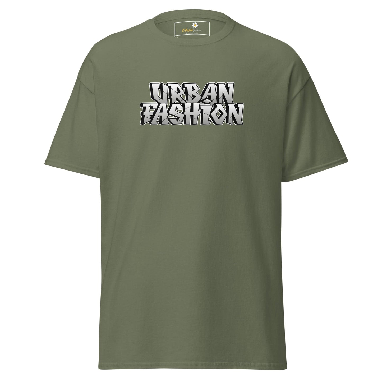 Olive green T-shirt with Urban Fashion text suitable for Men and Women sizes S to XL