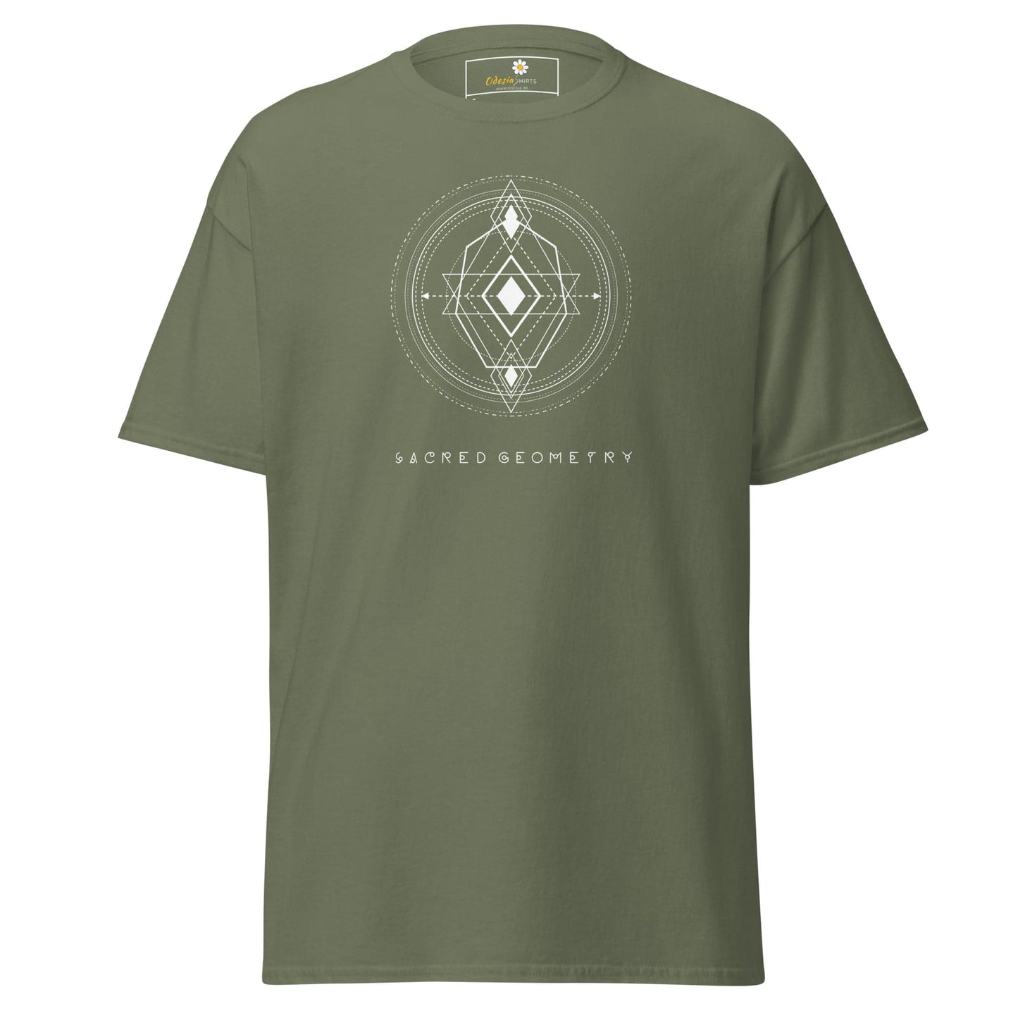 Olive green T-shirt with geometric design for men and women in sizes S to XL