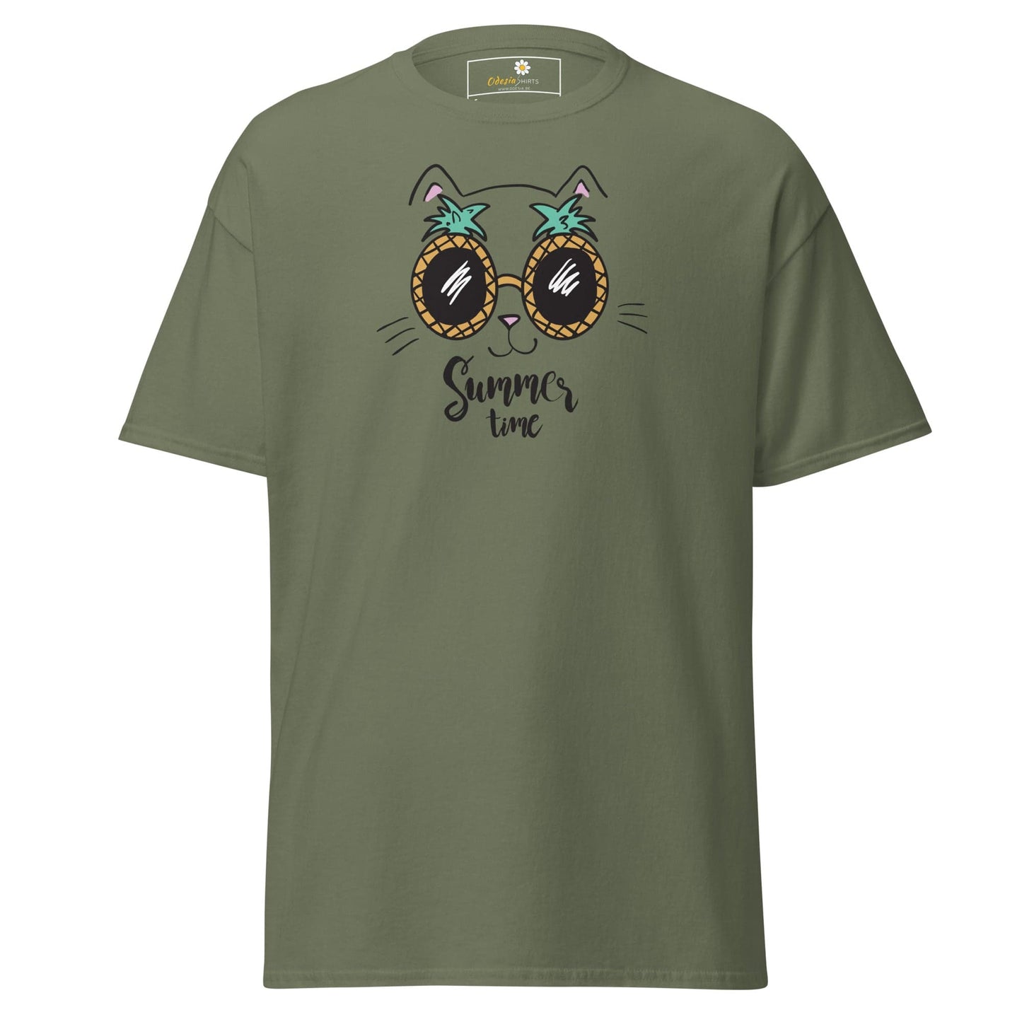 Olive green T-shirt featuring a cat with pineapple sunglasses design for men and women