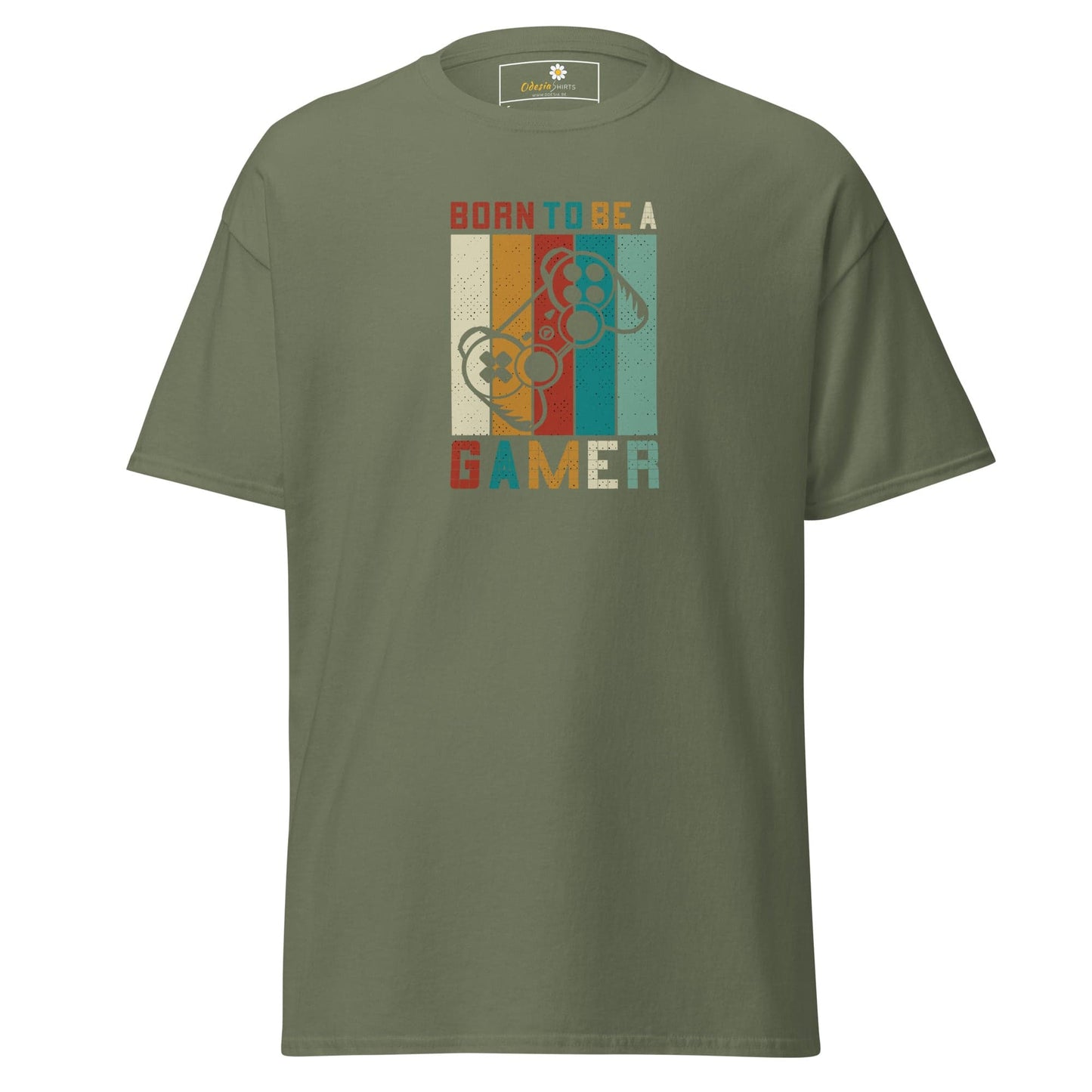 Olive green T-shirt featuring a gamer design for men and women in sizes S to XL