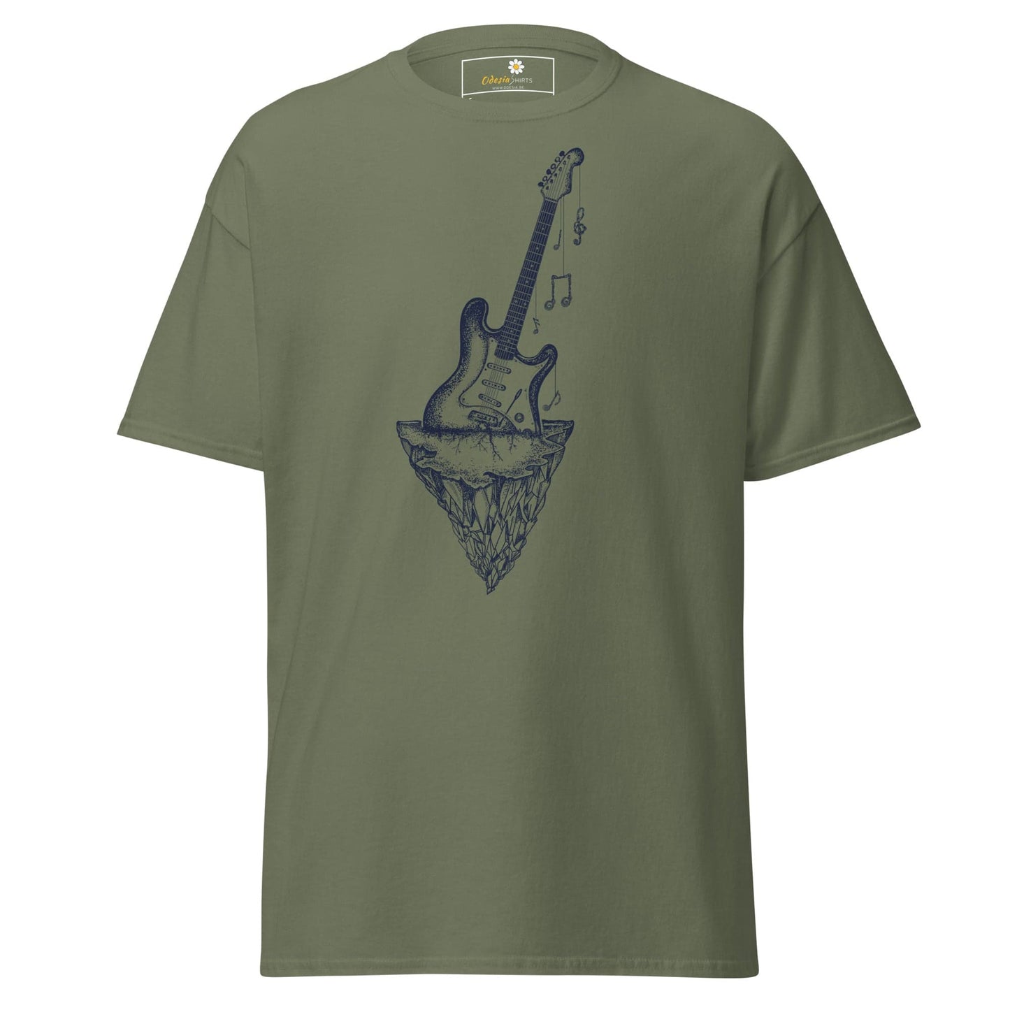 Olive green T-shirt with guitar graphic for men and women in sizes S to XL