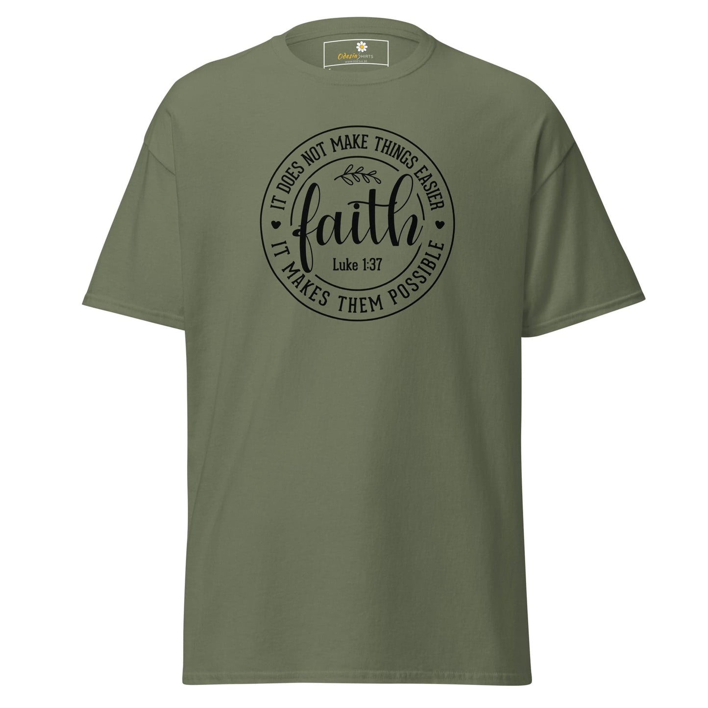 Olive green faith-themed graphic T-shirt for men and women in size S to XL