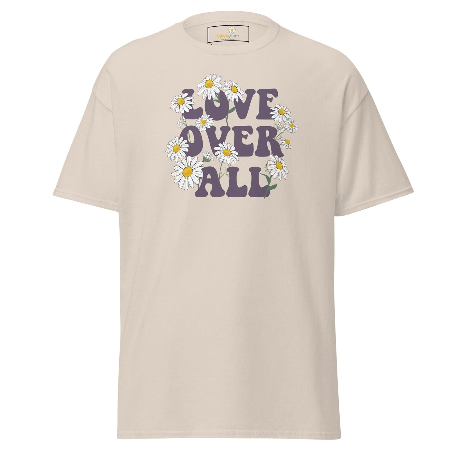 Beige T-shirt with floral text design for Men and Women in sizes S to XL