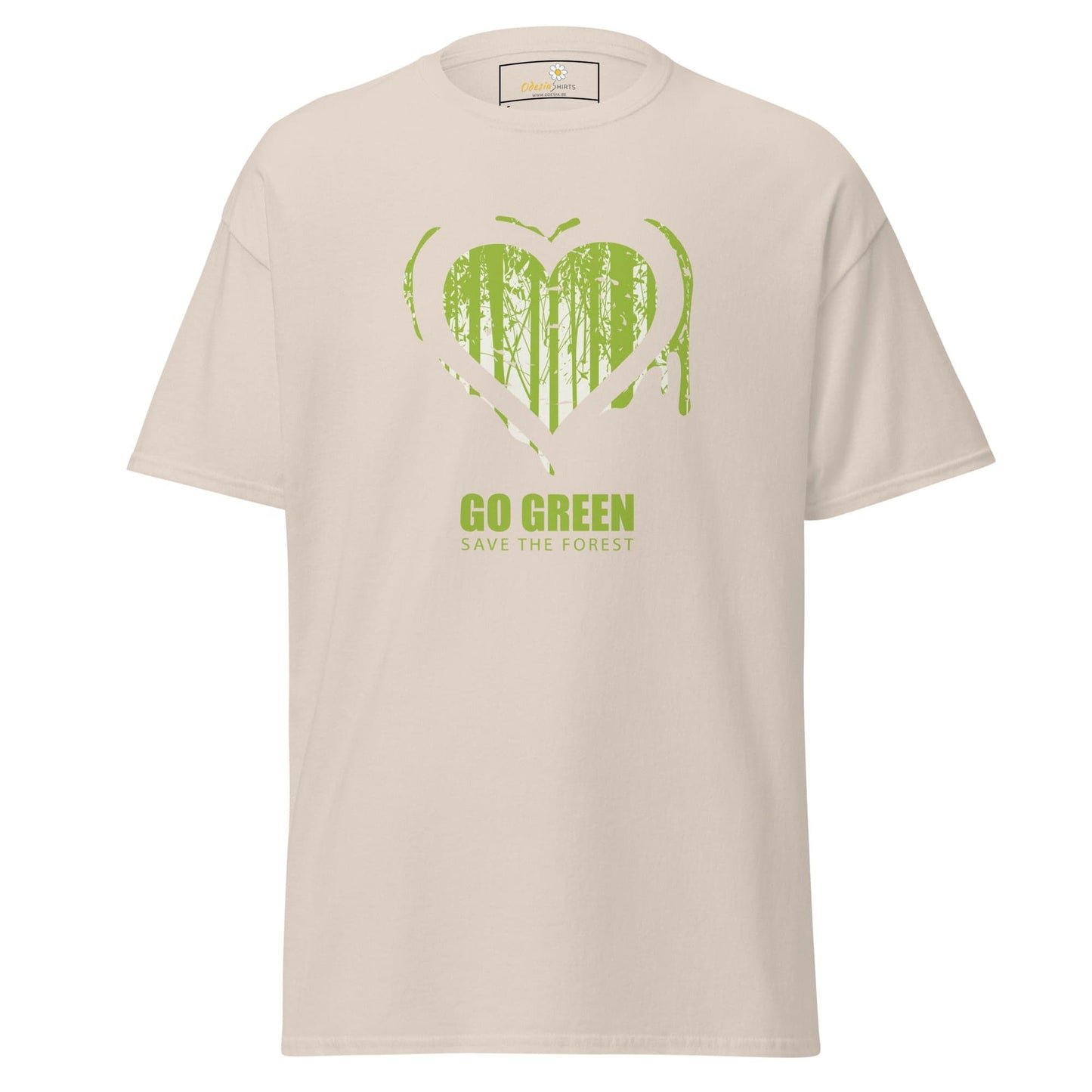 Beige T-shirt with green heart and Go Green text for Men and Women size S to XL
