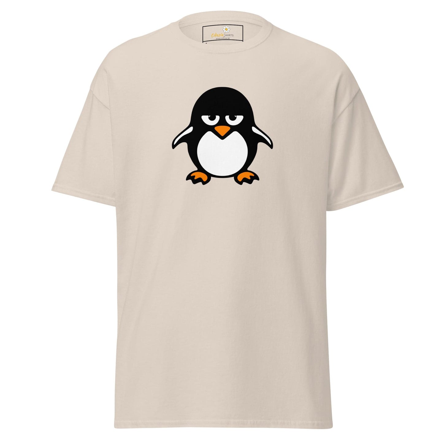 Beige T-shirt featuring a cartoon penguin design for men and women sizes S to XL