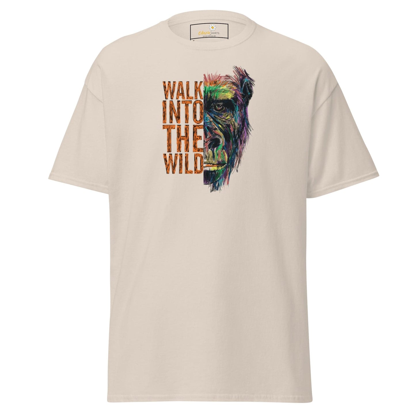 Beige T-shirt with ape graphic displayed in T-SHIRT DESIGN TEE for men and women