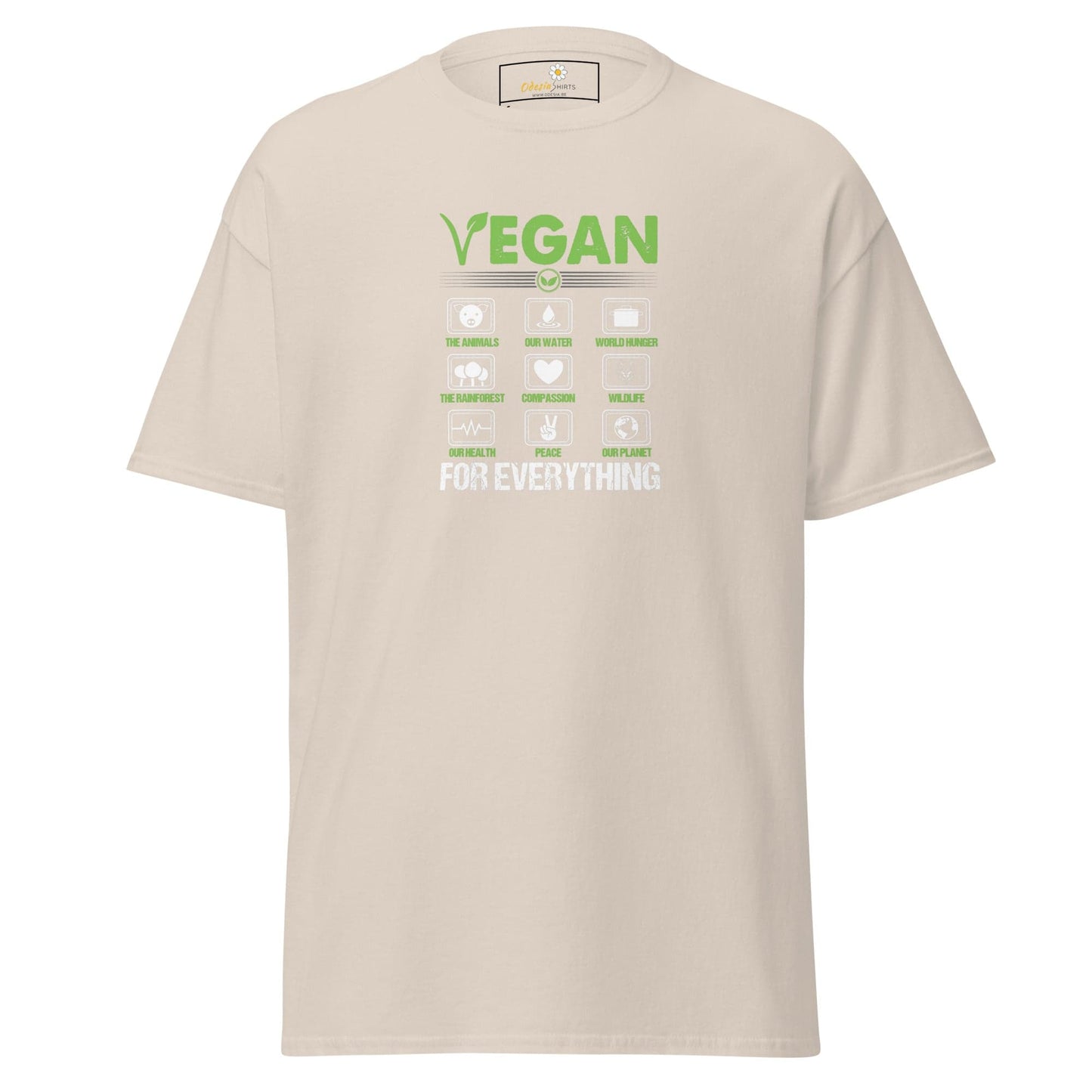 Beige vegan-themed T-shirt for Men and Women in size S to XL displayed in product image