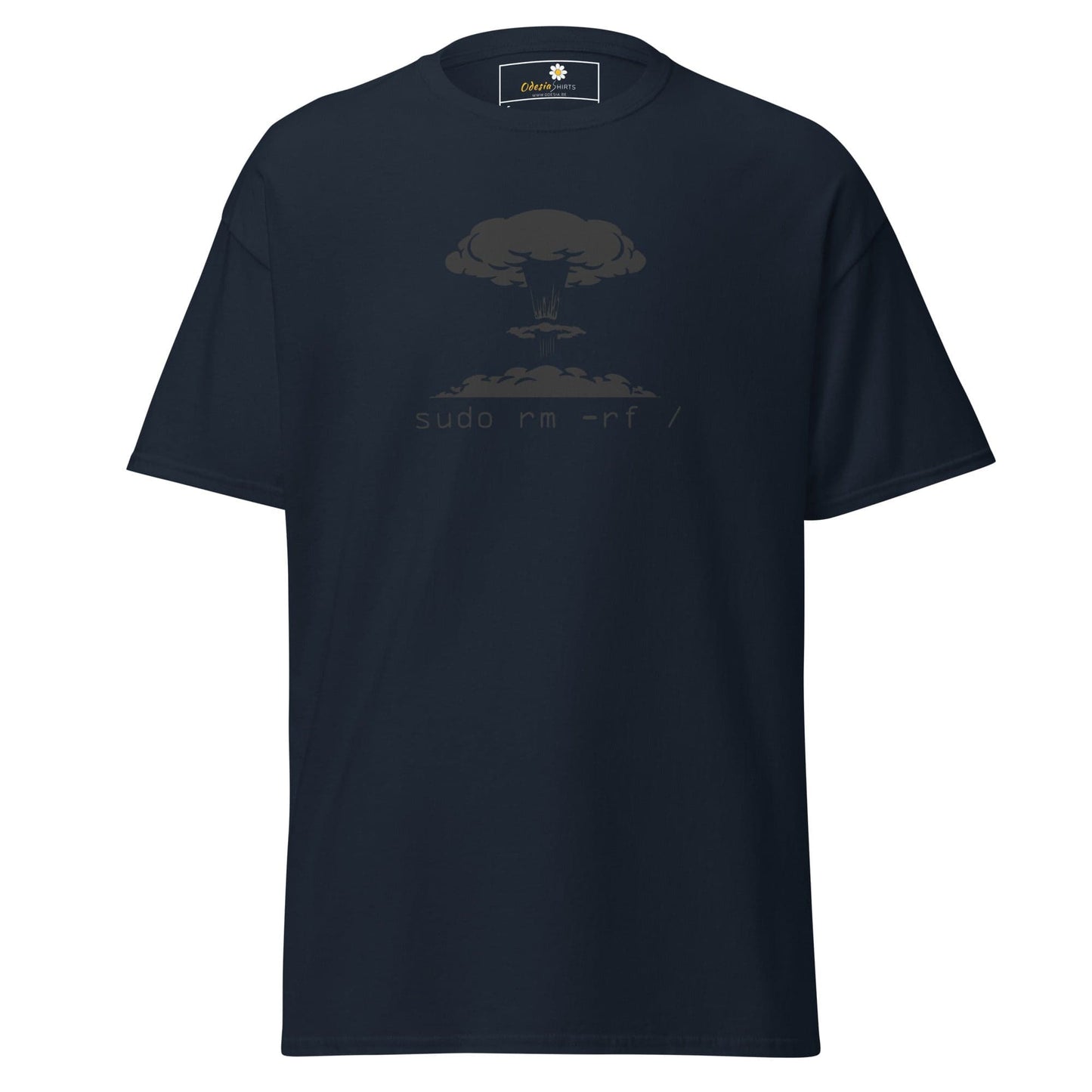 Navy T-shirt with mushroom cloud graphic for men and women in sizes S to XL