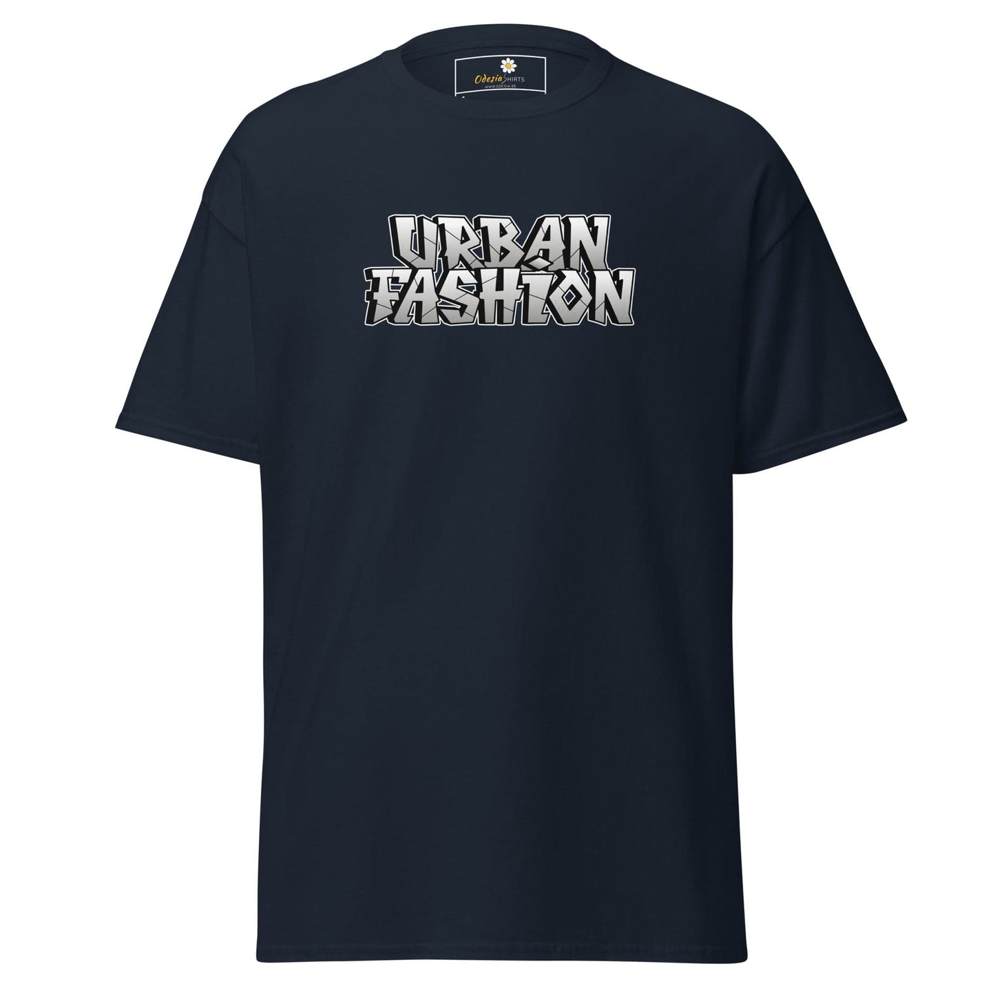 Dark blue T-shirt with Urban Fashion text, suitable for men and women sizes S to XL