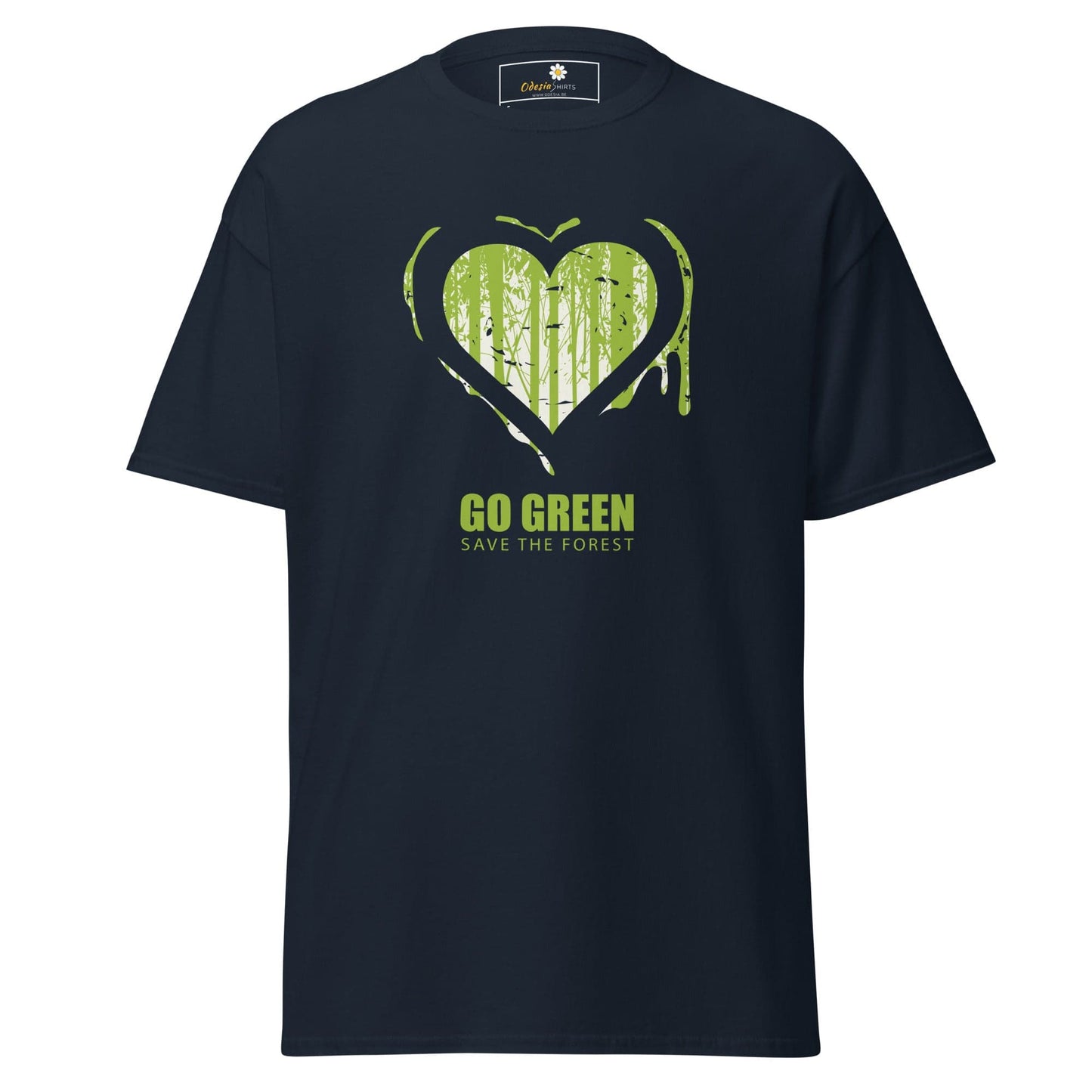 Dark blue T-shirt featuring a green heart and trees design for men and women in S to XL
