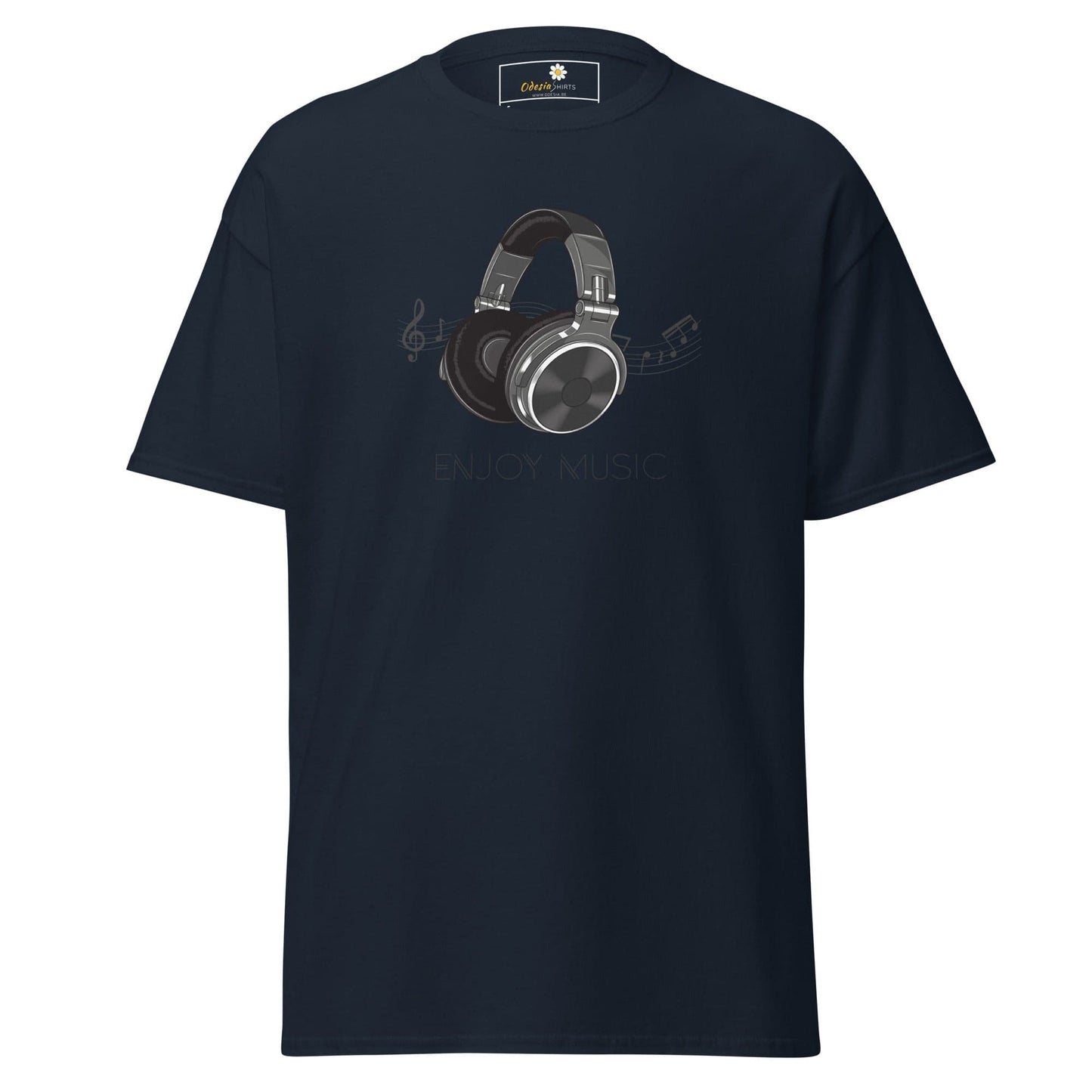 Navy blue T-shirt with headphones graphic for men and women, available in sizes S to XL