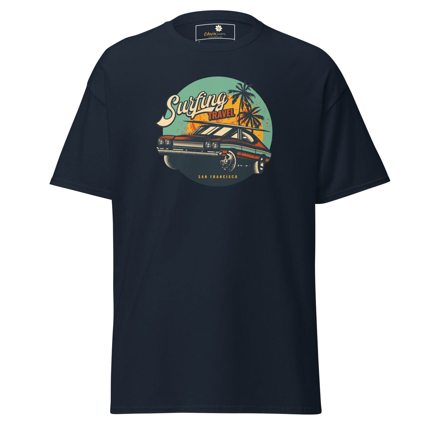 Navy blue T-shirt with car graphic for men and women in sizes S to XL