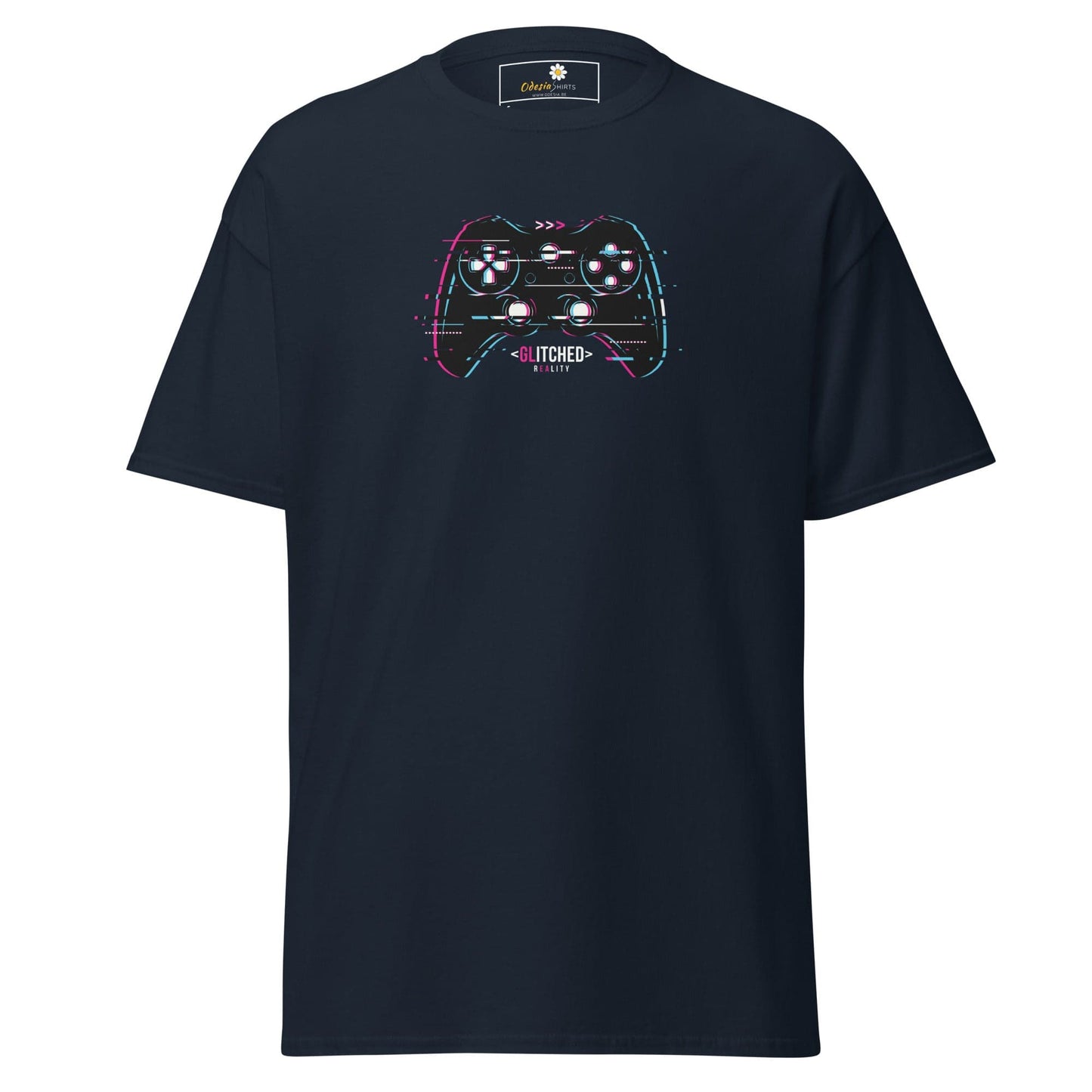 Navy blue T-shirt with glitchy controller graphic for men and women in sizes S to XL
