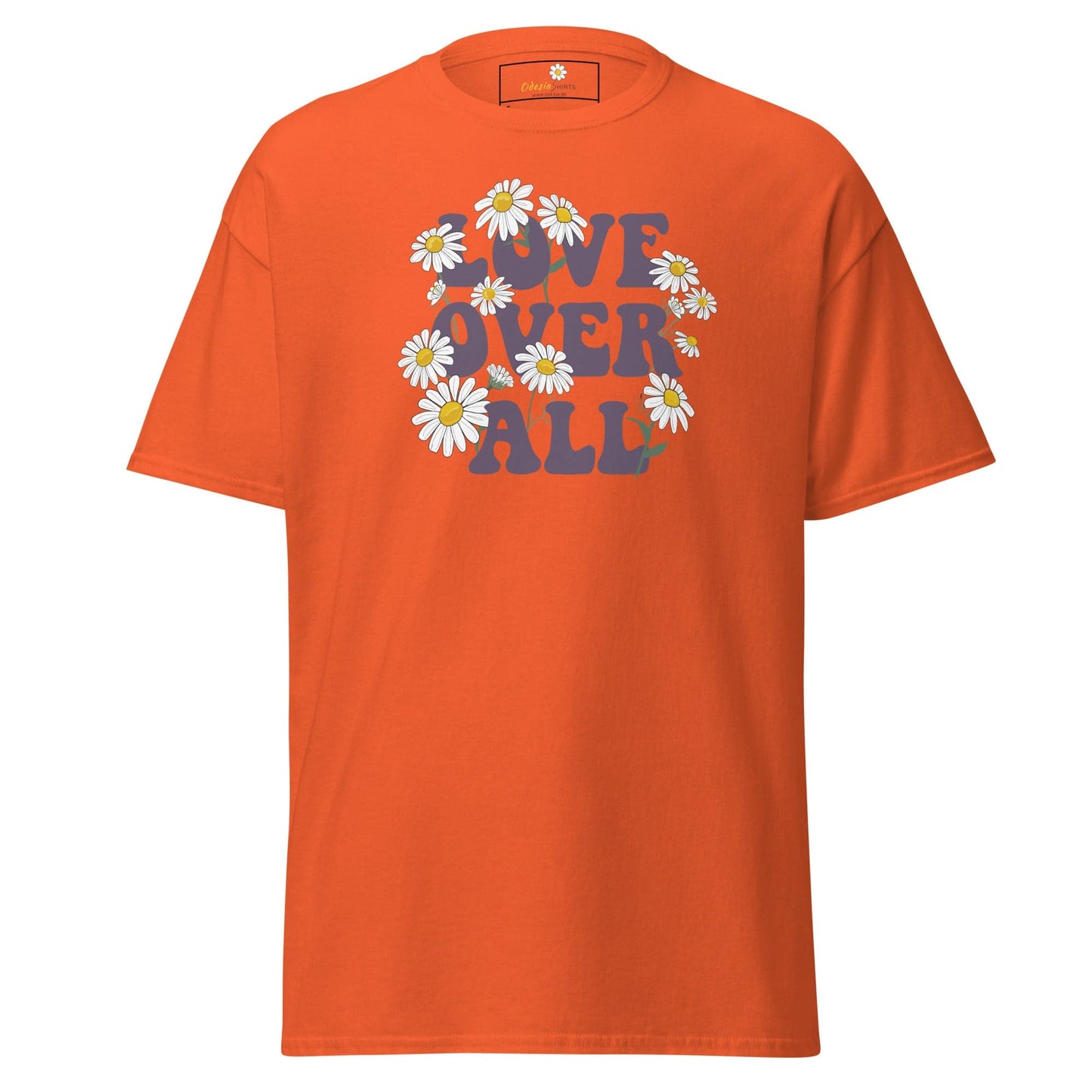 Orange T-shirt with floral Love Over All graphic for Men and Women in S to XL