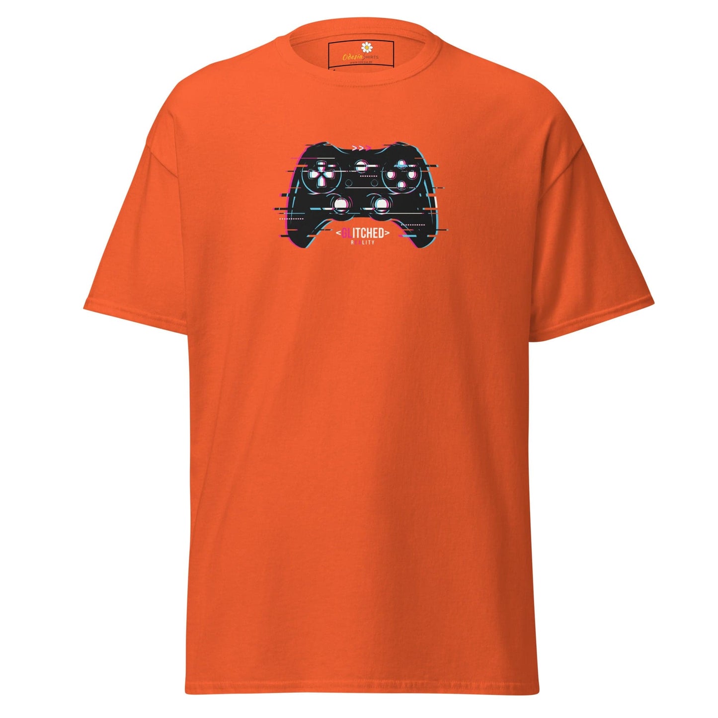 Orange T-shirt with controller graphic, suitable for men and women, available in sizes S to XL